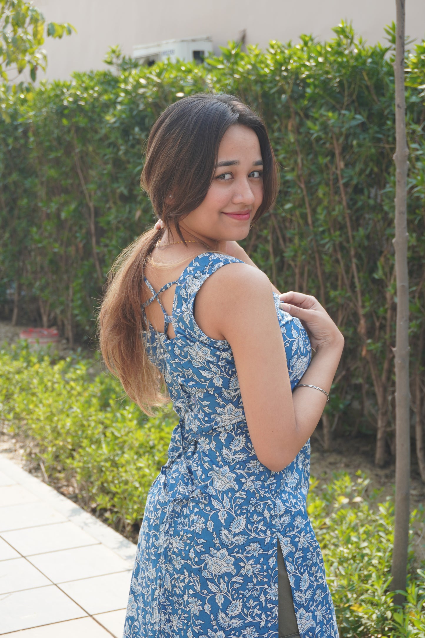 Blue Floral Cotton Corset Back Kurti