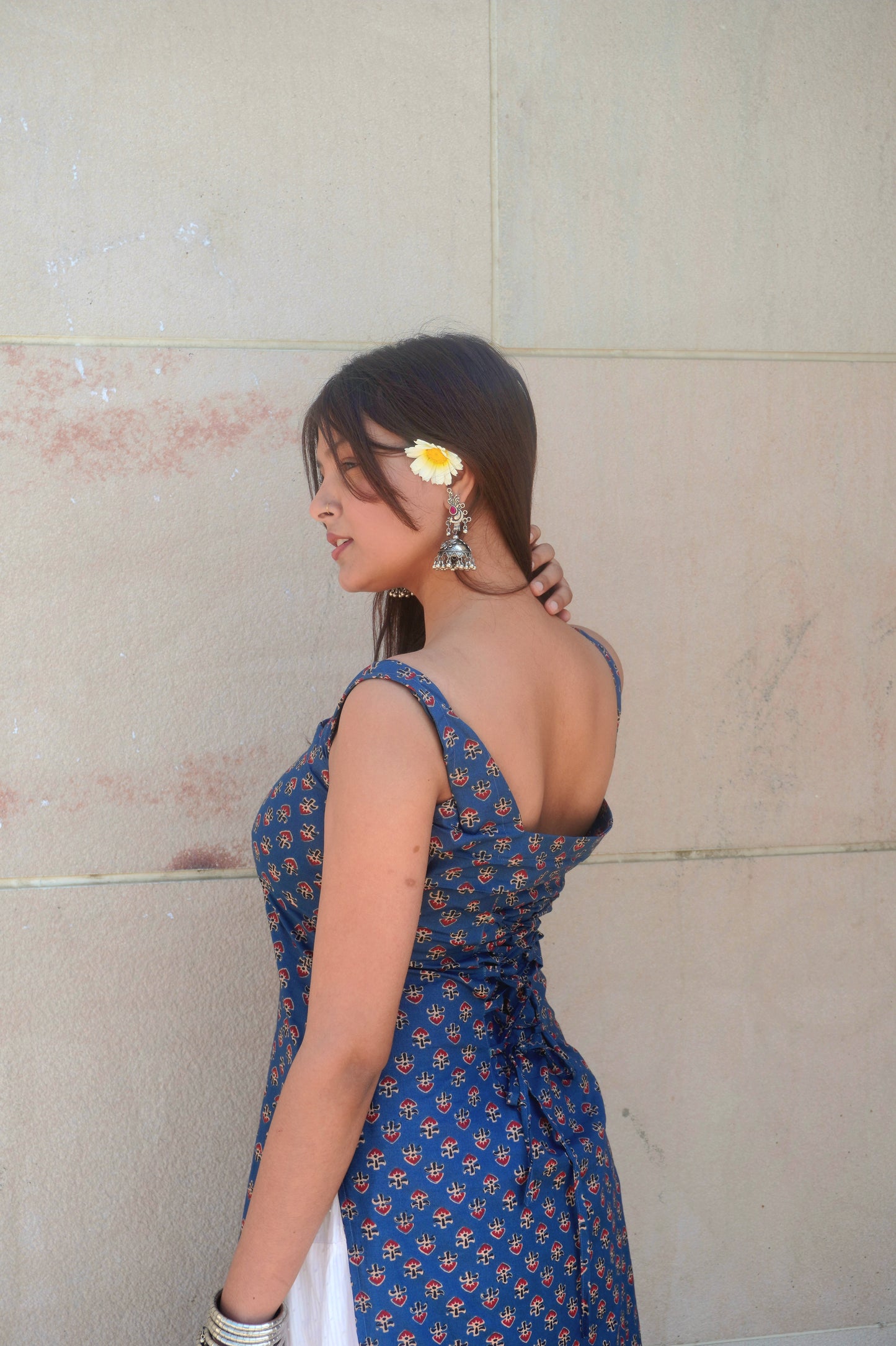 Navy Blue Corset Back Long Kurti – Sleeveless Deep Back Cotton Ethnic Dress for Women | Festive & Party Wear