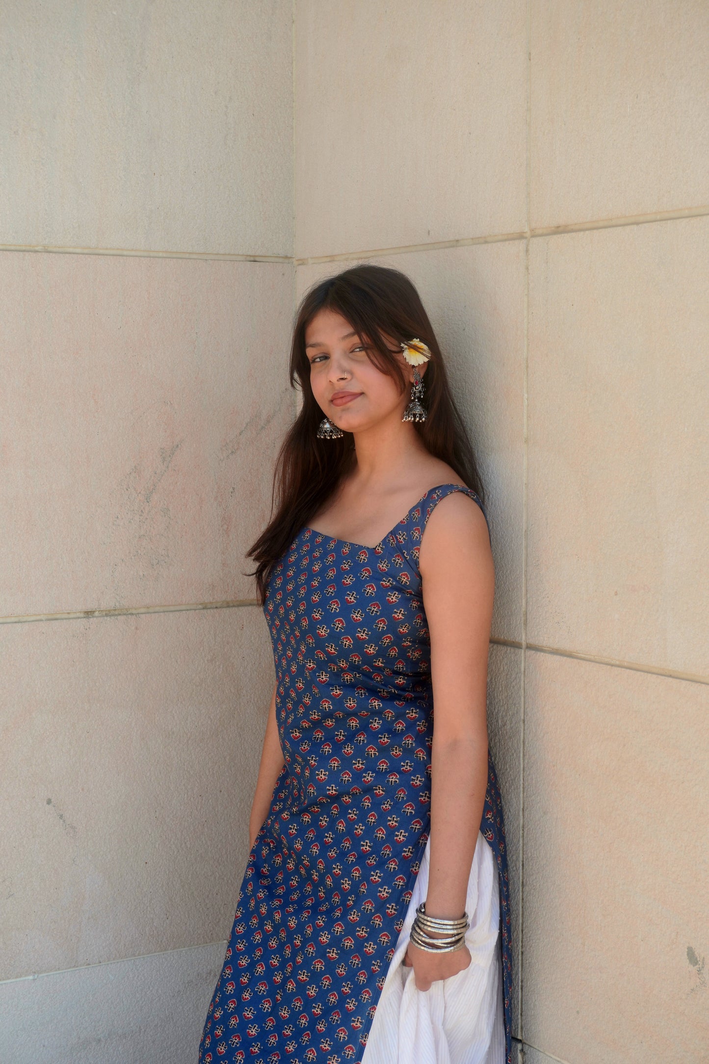 Navy Blue Corset Back Long Kurti – Sleeveless Deep Back Cotton Ethnic Dress for Women | Festive & Party Wear