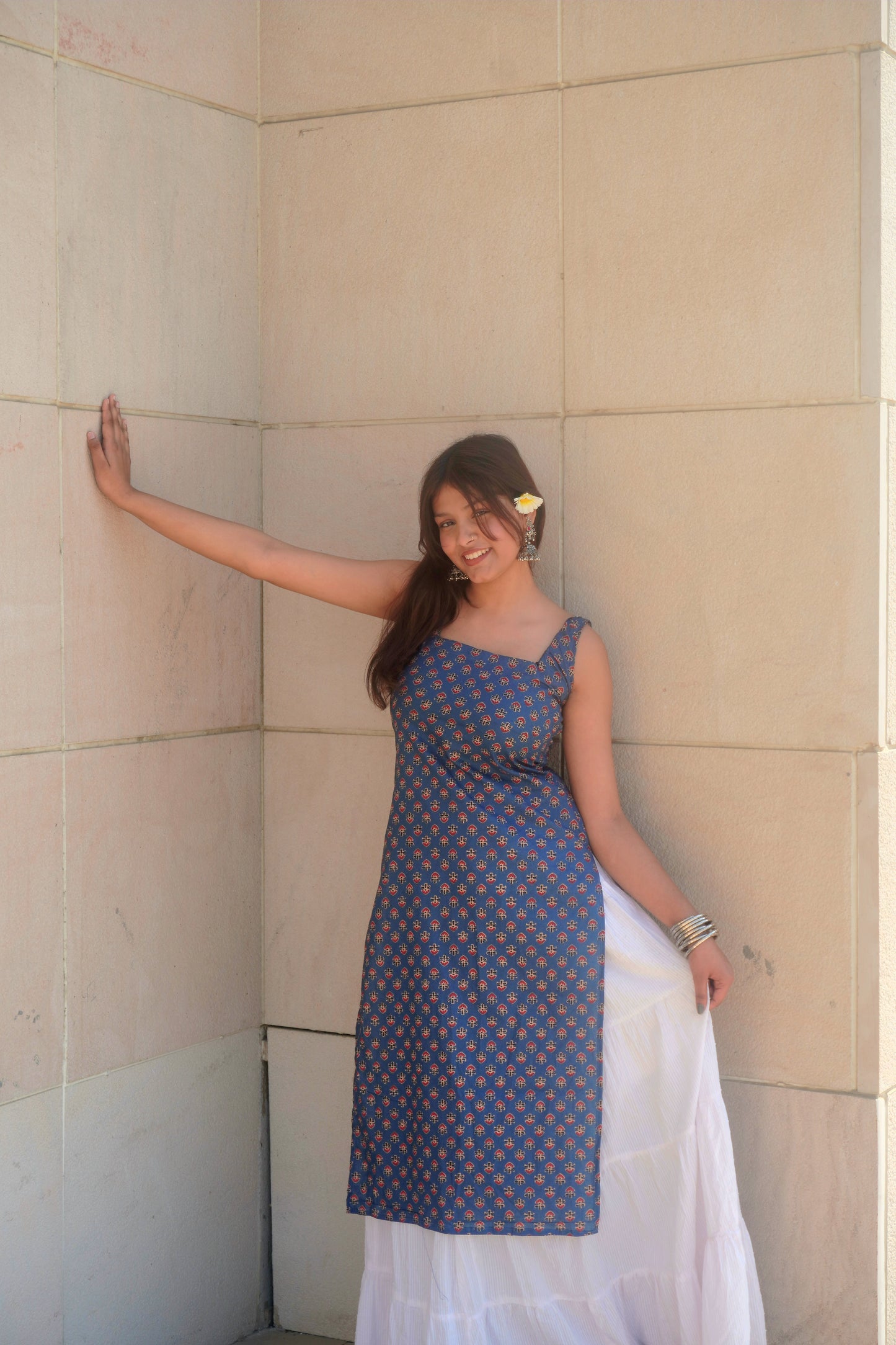 Navy Blue Corset Back Long Kurti – Sleeveless Deep Back Cotton Ethnic Dress for Women | Festive & Party Wear