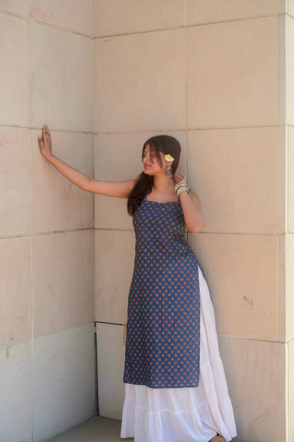 Navy Blue Corset Back Long Kurti – Sleeveless Deep Back Cotton Ethnic Dress for Women | Festive & Party Wear