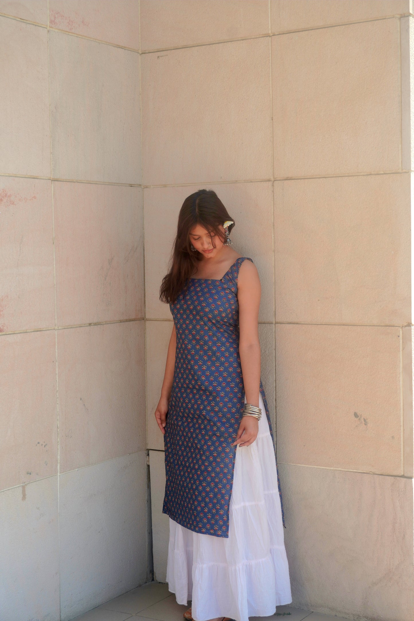 Navy Blue Corset Back Long Kurti – Sleeveless Deep Back Cotton Ethnic Dress for Women | Festive & Party Wear