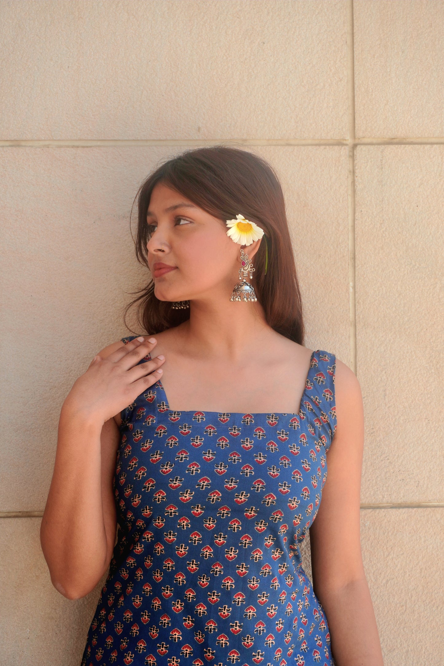 Navy Blue Corset Back Long Kurti – Sleeveless Deep Back Cotton Ethnic Dress for Women | Festive & Party Wear