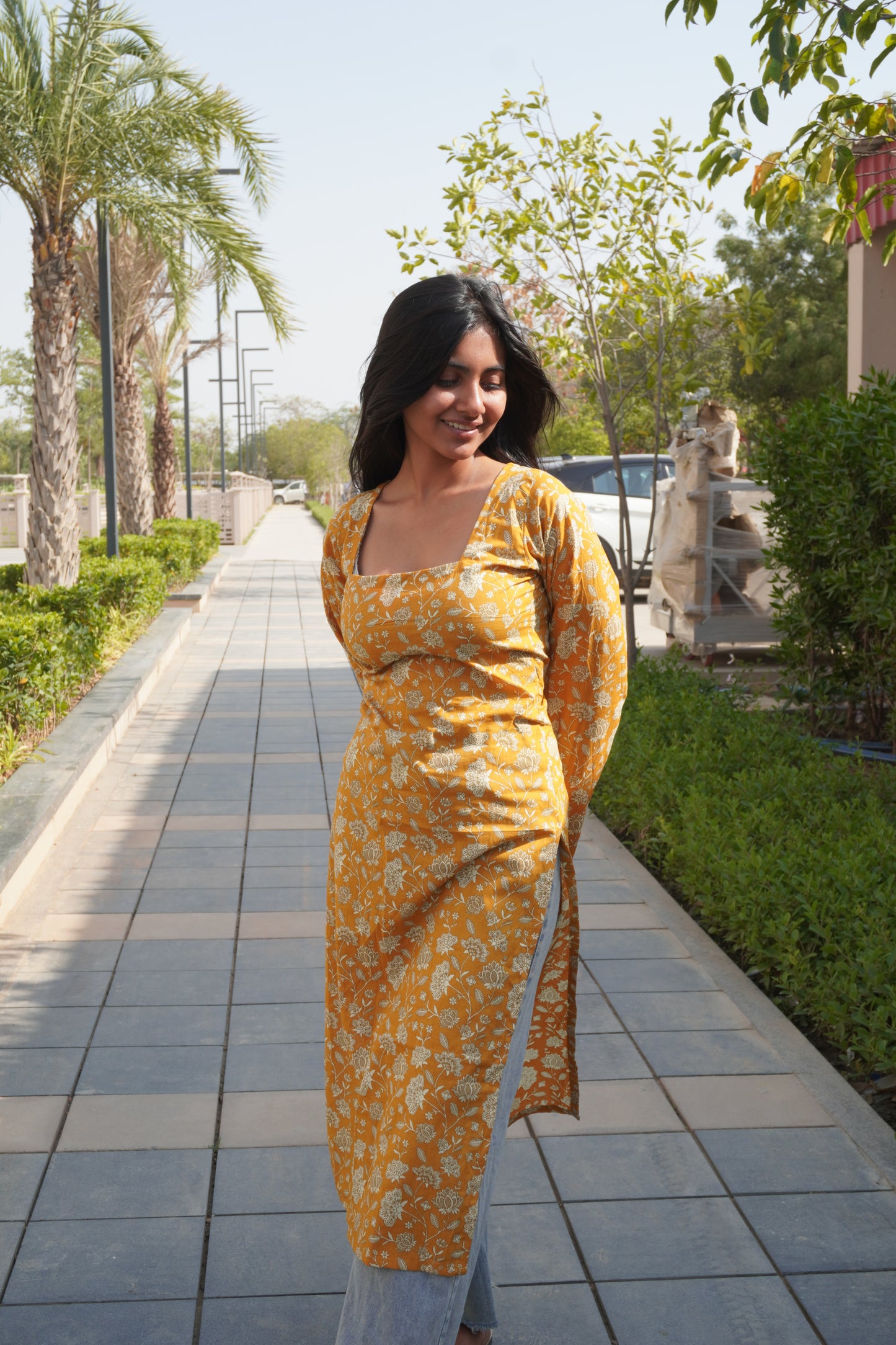 Mustard Floral Corset Back Cotton Kurti