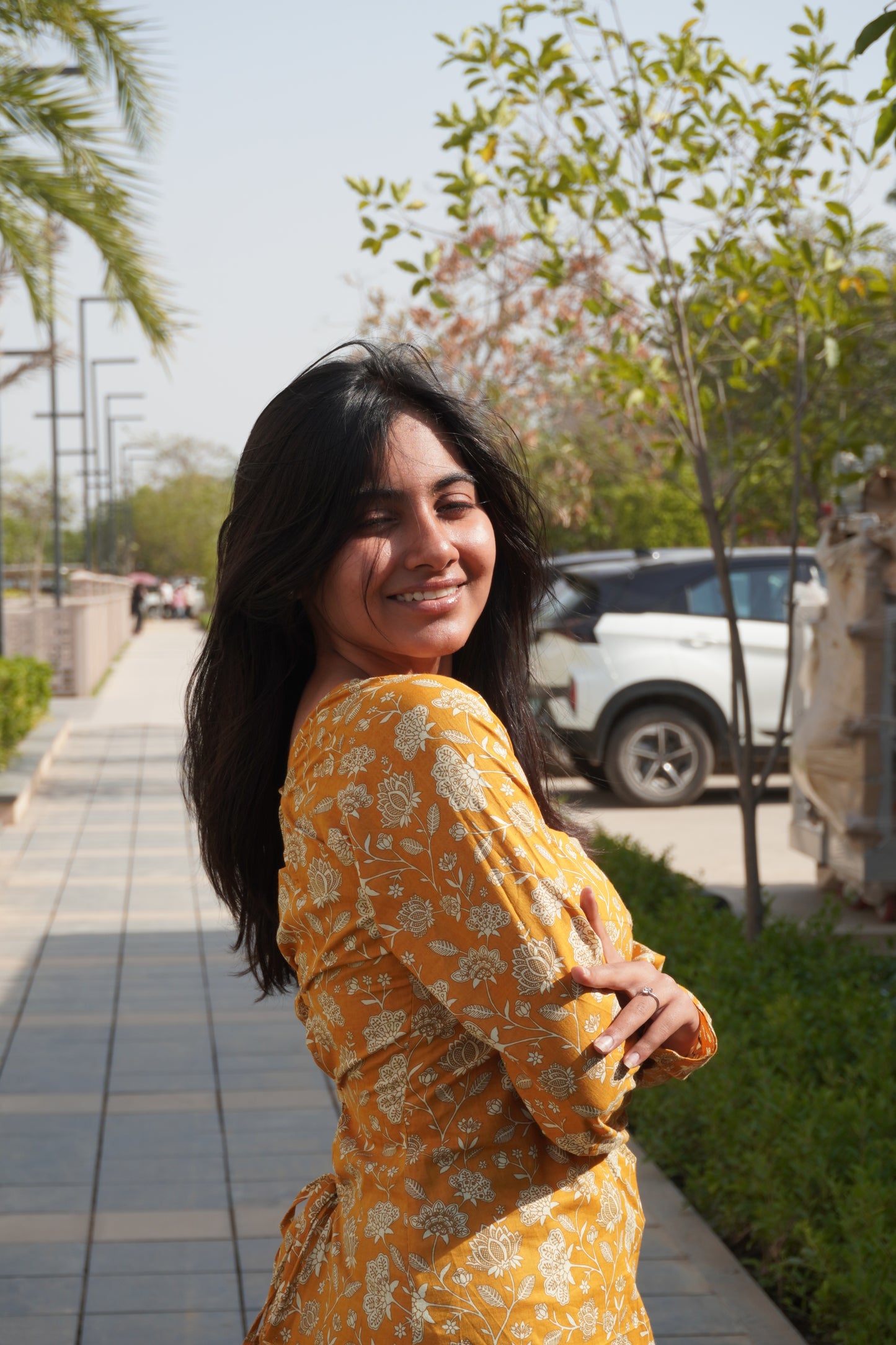 Mustard Floral Corset Back Cotton Kurti