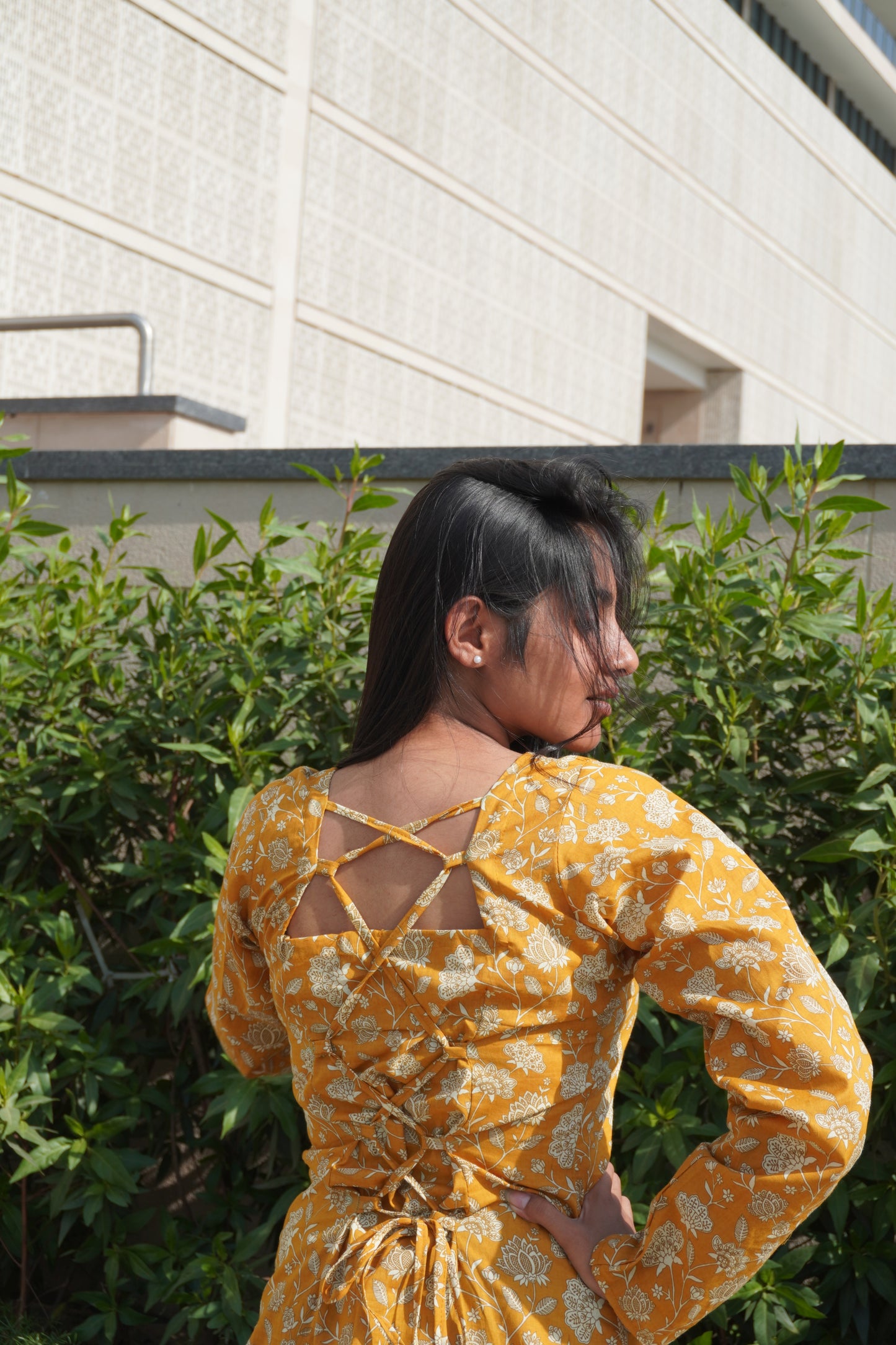 Mustard Floral Corset Back Cotton Kurti