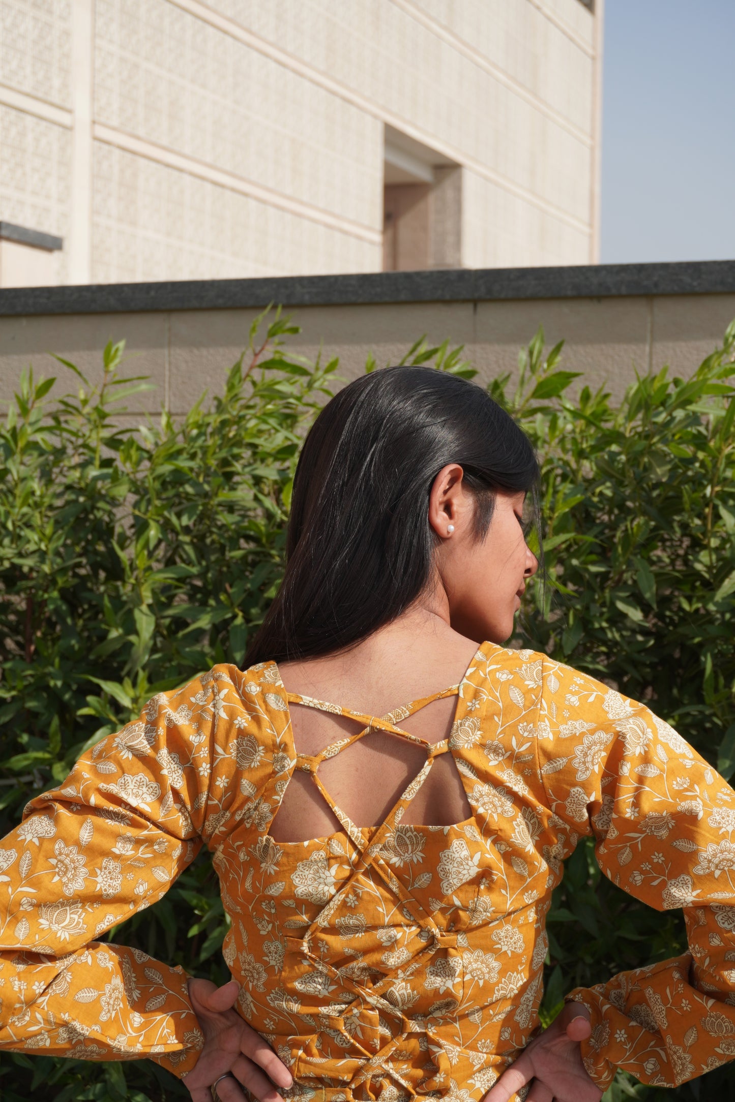 Mustard Floral Corset Back Cotton Kurti