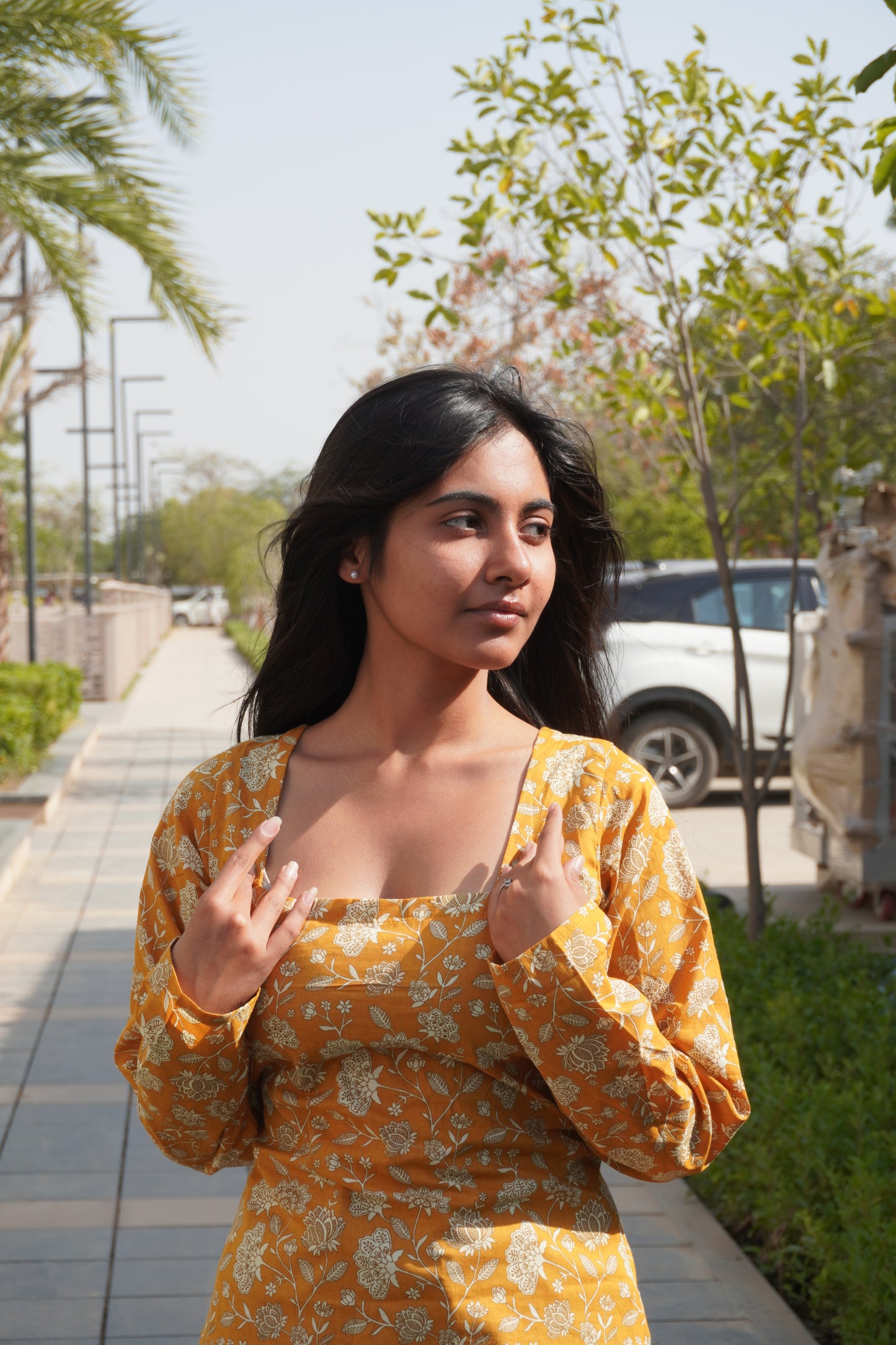 Mustard Floral Corset Back Cotton Kurti