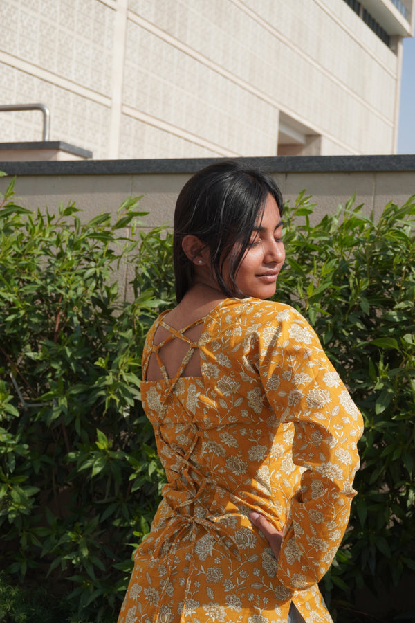 Mustard Floral Corset Back Cotton Kurti
