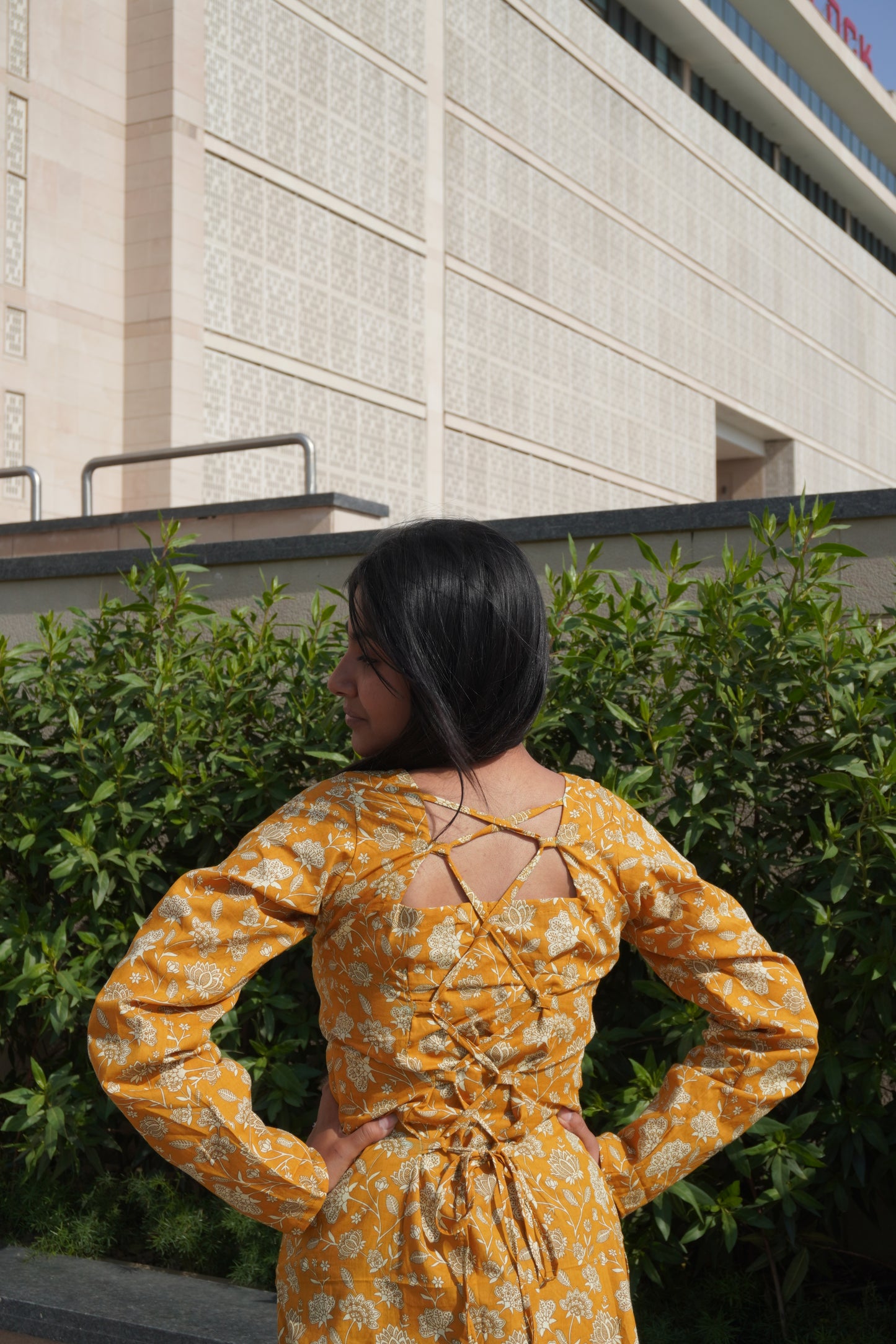 Mustard Floral Corset Back Cotton Kurti