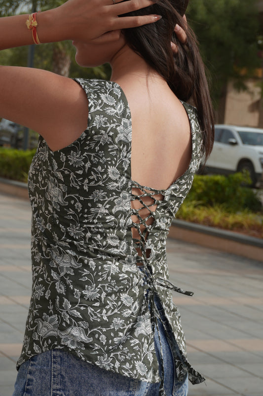 Olive Green Floral Cotton Backless Top for Women | Sleeveless Ethnic Backless Top