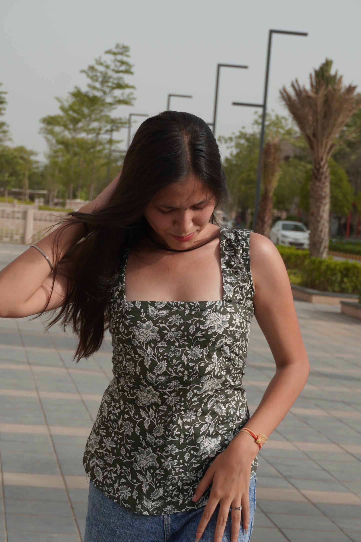 Olive Green Floral Cotton Backless Top for Women | Sleeveless Ethnic Backless Top