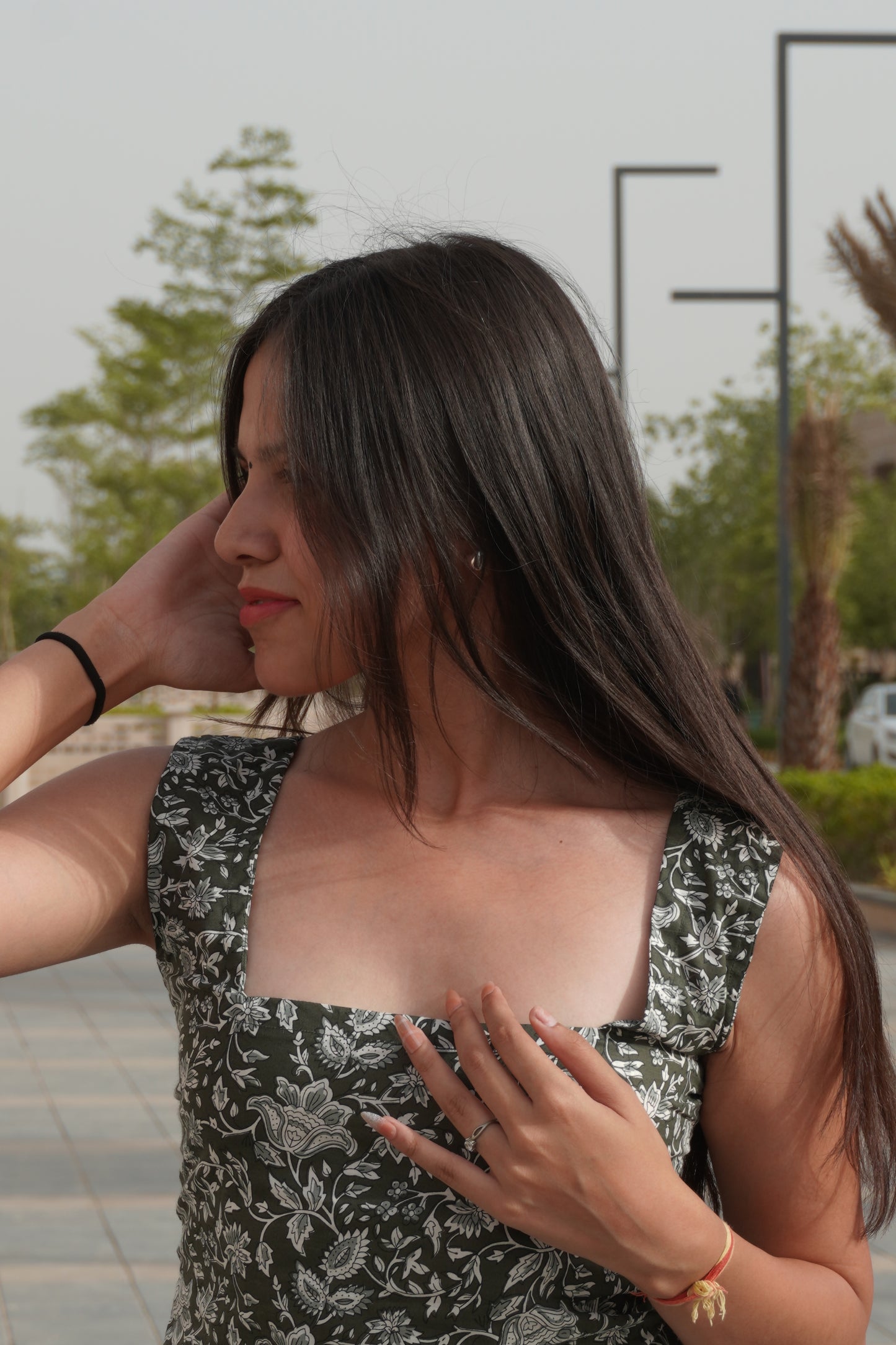 Olive Green Floral Cotton Backless Top for Women | Sleeveless Ethnic Backless Top