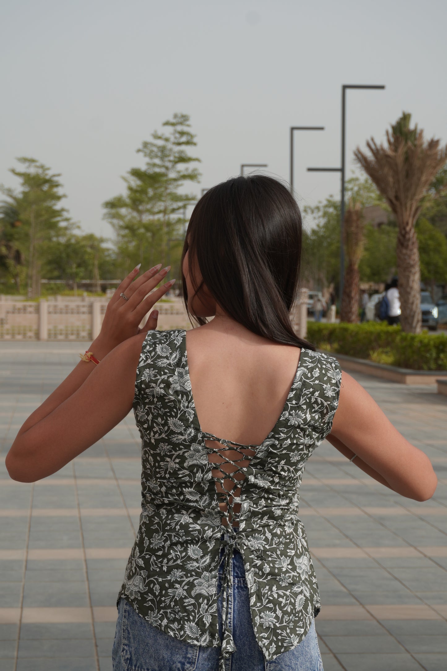 Olive Green Floral Cotton Backless Top for Women | Sleeveless Ethnic Backless Top