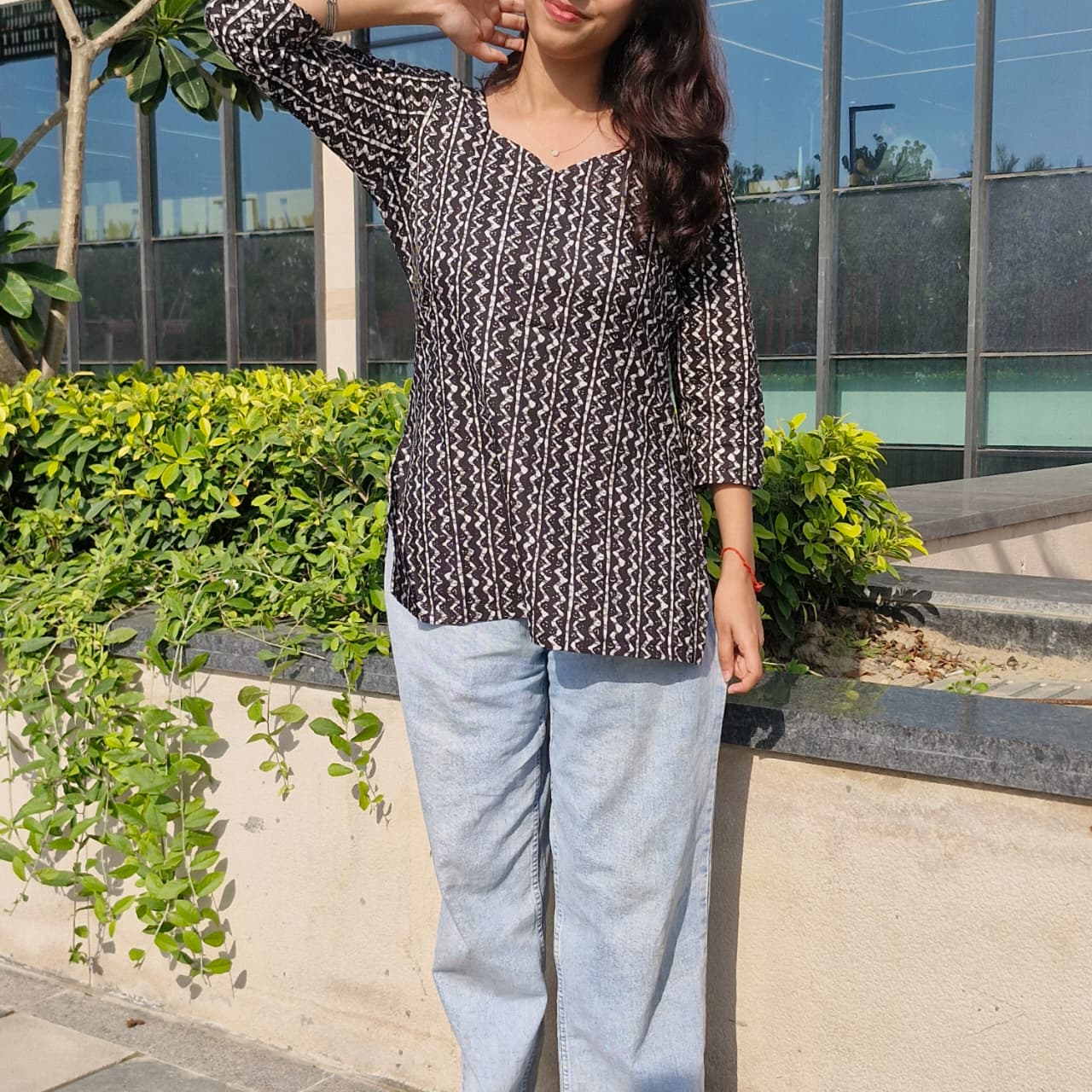 Black Cotton Short Kurti with Sweetheart Neck & Deep Back | 3/4 Sleeves