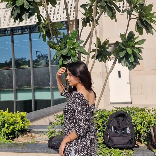 Black Cotton Short Kurti with Sweetheart Neck & Deep Back | 3/4 Sleeves