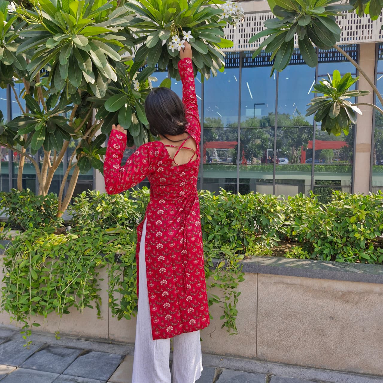 Red Floral Cotton Kurti with Corset-Style Back | Vastraaya Exclusive
