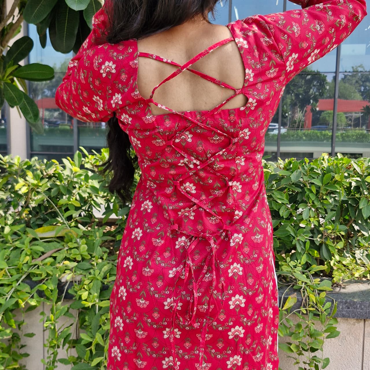 Red Floral Cotton Kurti with Corset-Style Back | Vastraaya Exclusive