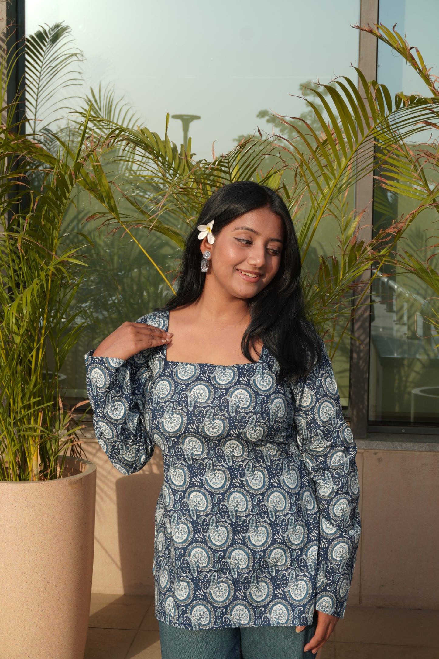 Paisley Corset Back Pure Cotton Kurti – Square Neck, Full Sleeve