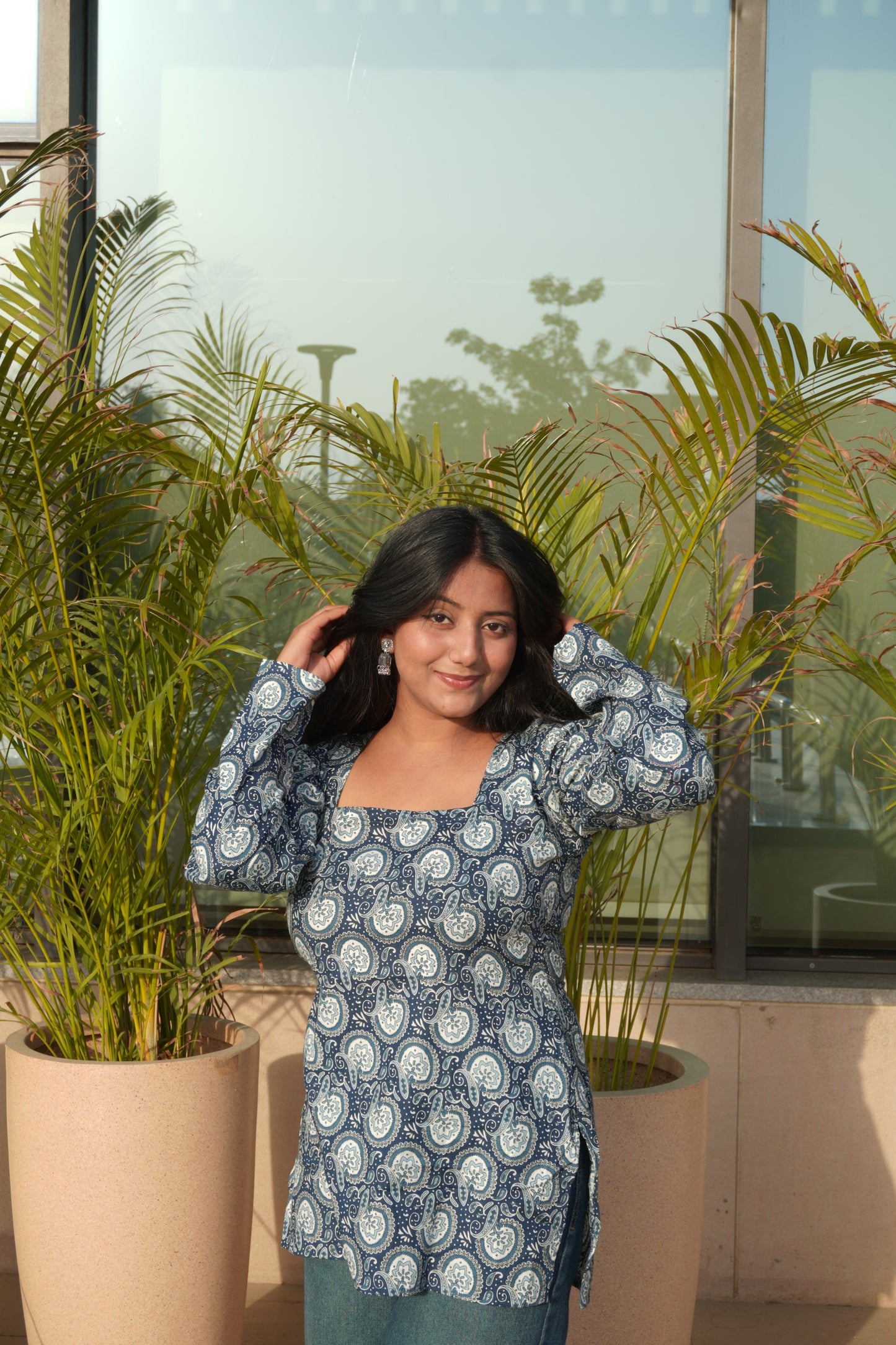 Paisley Corset Back Pure Cotton Kurti – Square Neck, Full Sleeve