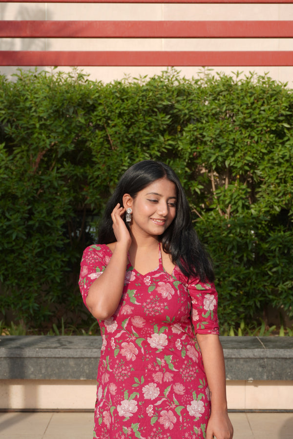 Pink Floral Halter Neck Kurti with Back Tie-Up