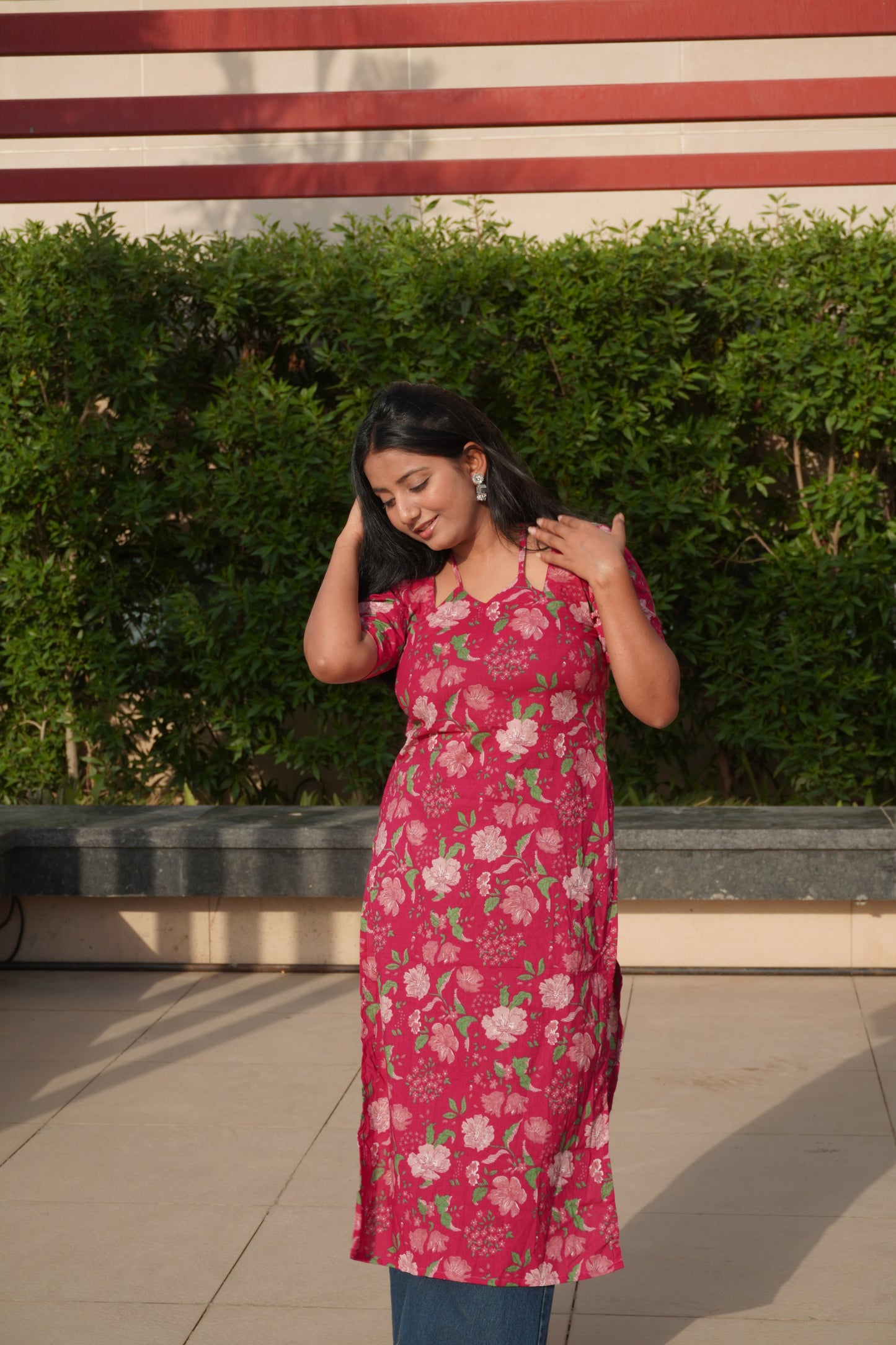 Pink Floral Halter Neck Kurti with Back Tie-Up