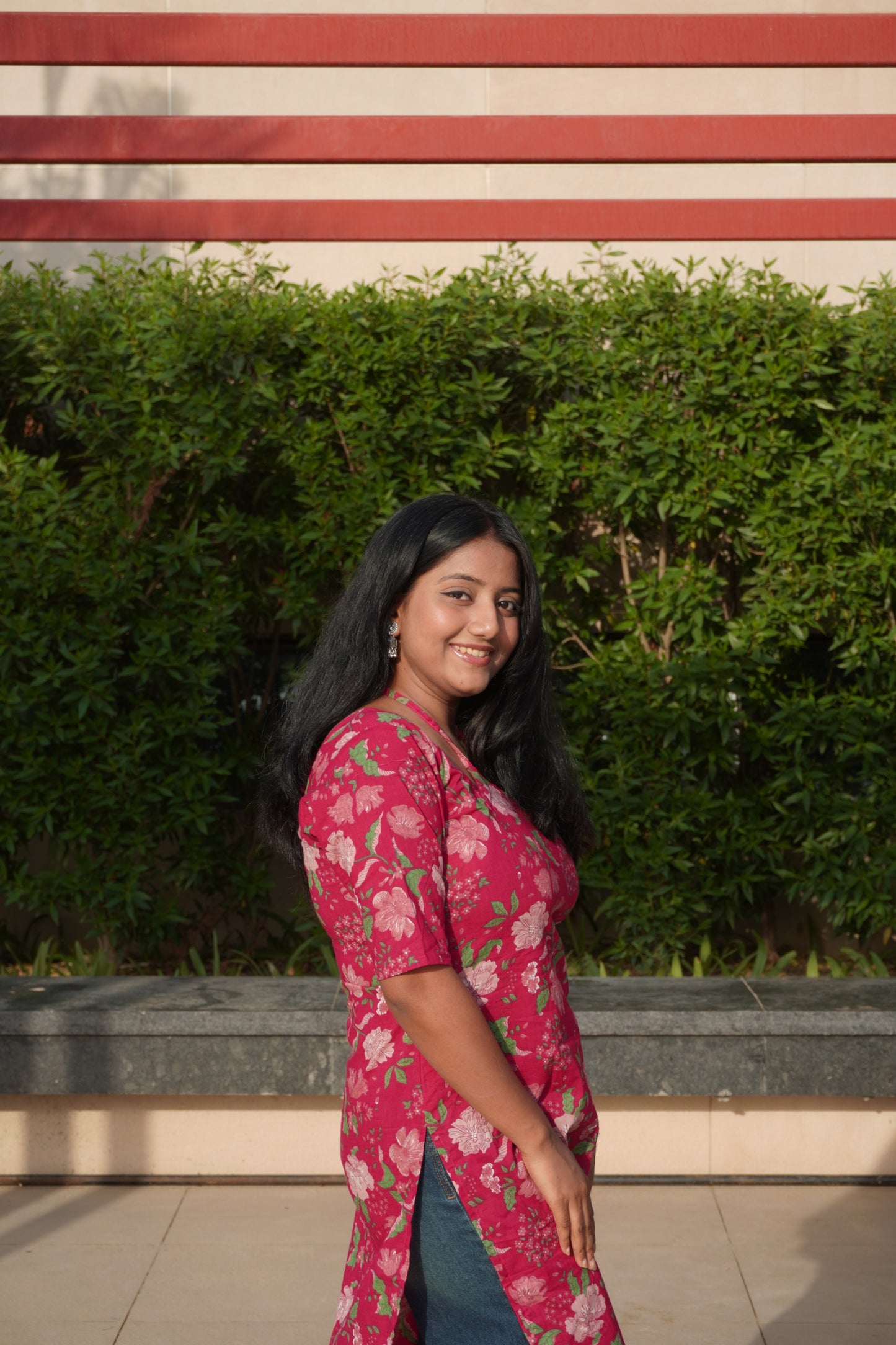 Pink Floral Halter Neck Kurti with Back Tie-Up