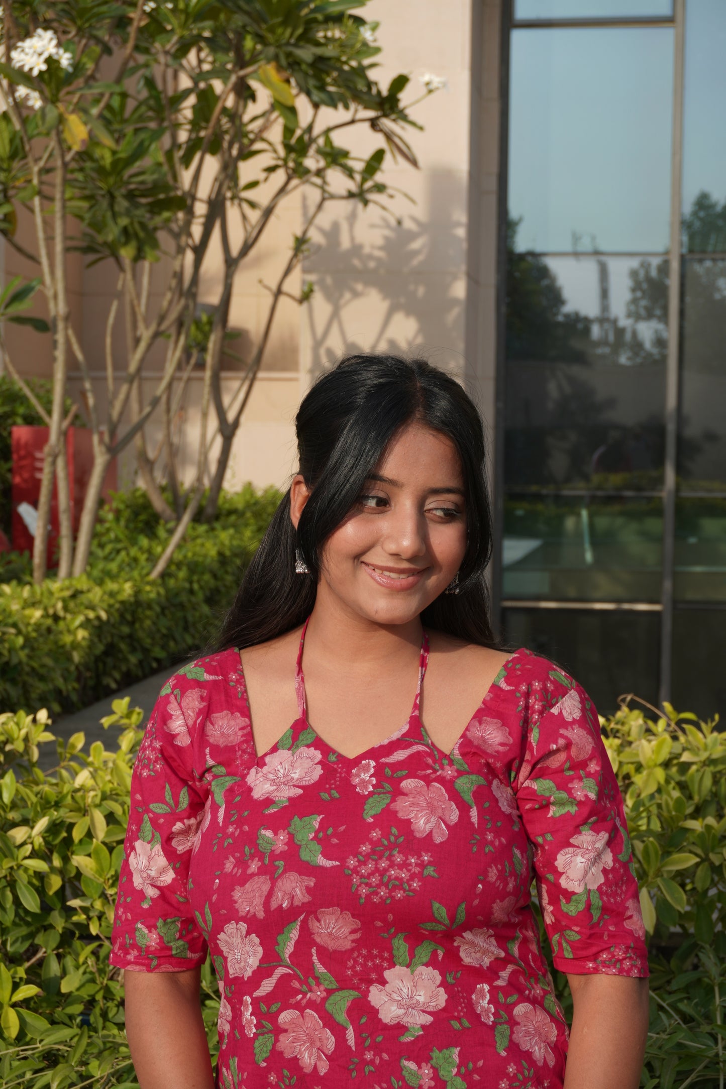 Pink Floral Halter Neck Kurti with Back Tie-Up