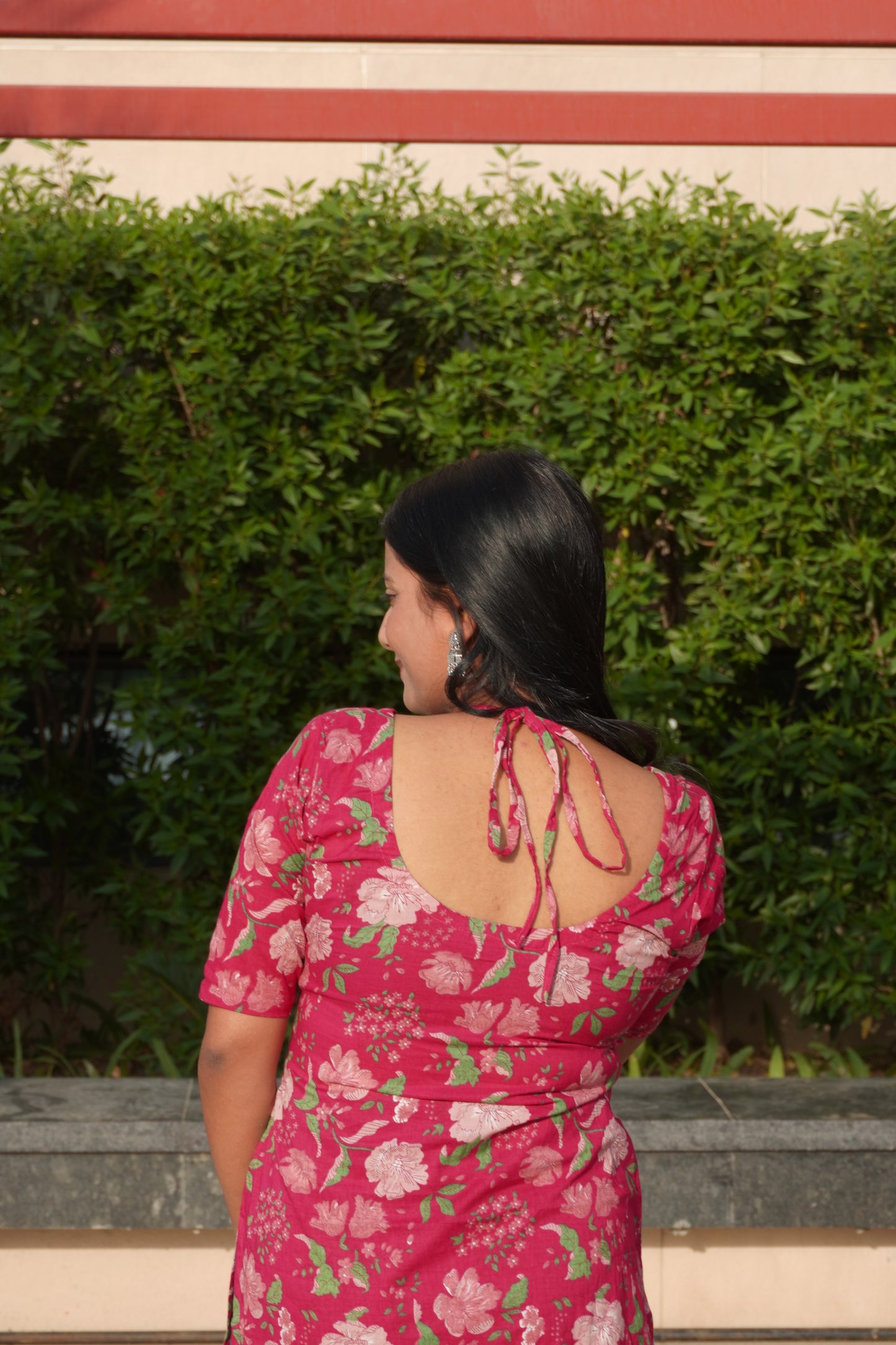 Pink Floral Halter Neck Kurti with Back Tie-Up