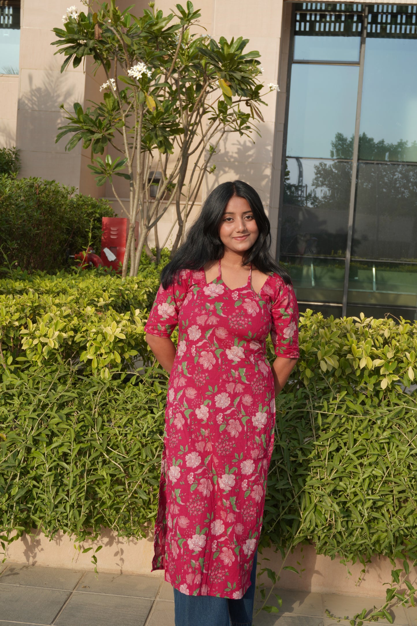 Pink Floral Halter Neck Kurti with Back Tie-Up