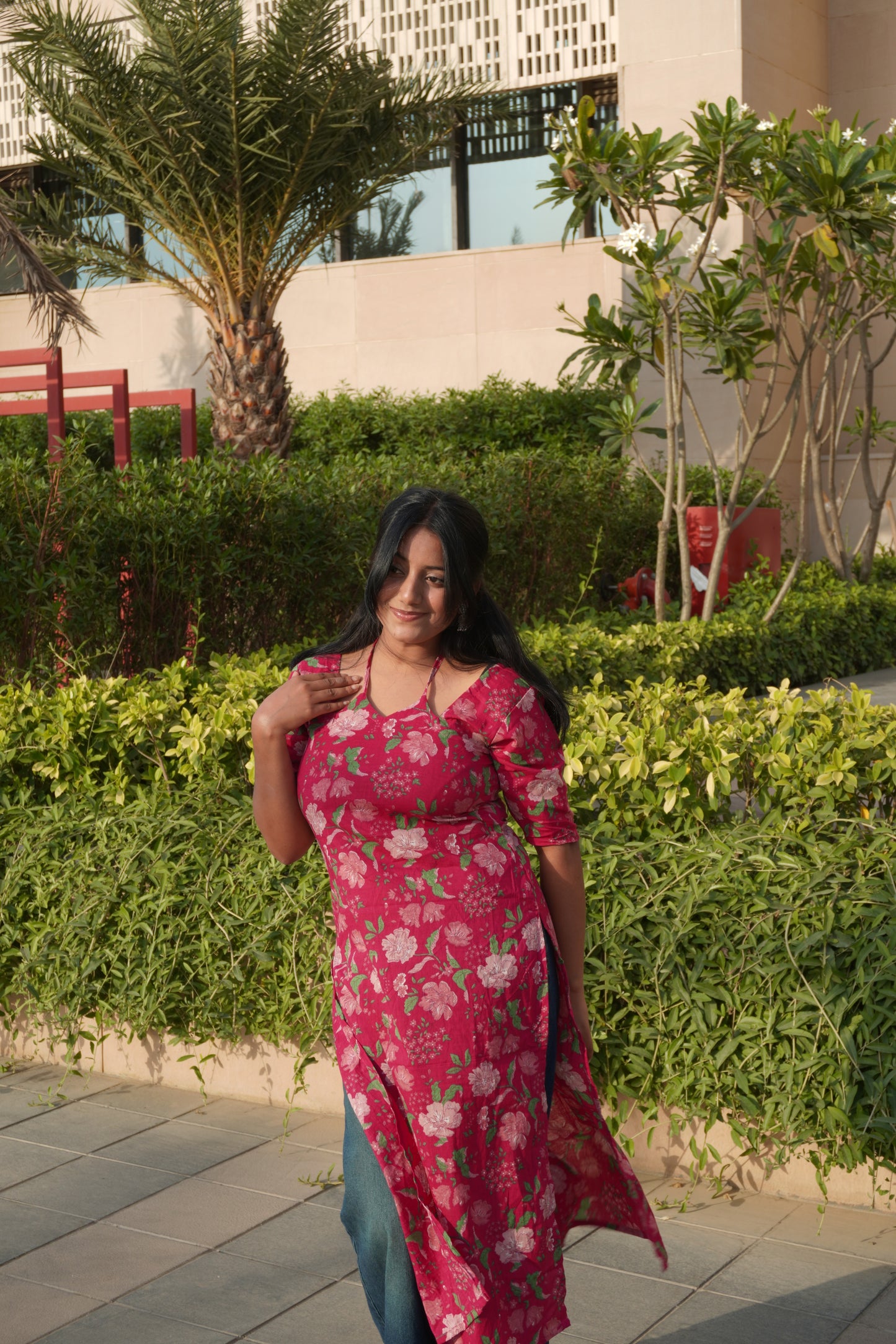 Pink Floral Halter Neck Kurti with Back Tie-Up