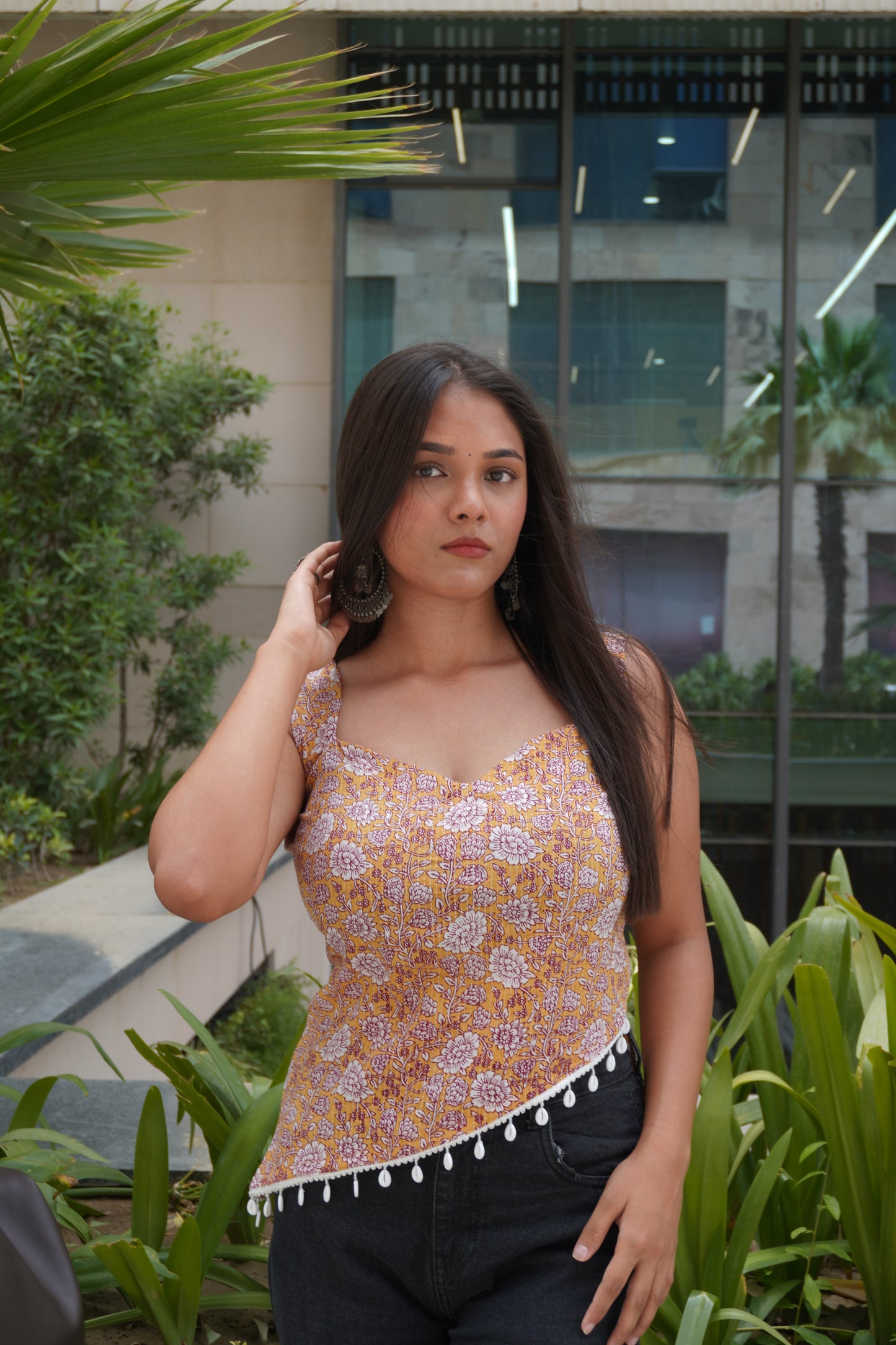 Yellow Floral Cotton Backless Top for Women | Sleeveless Lace-Up Crop Top | Square Neck Summer Top