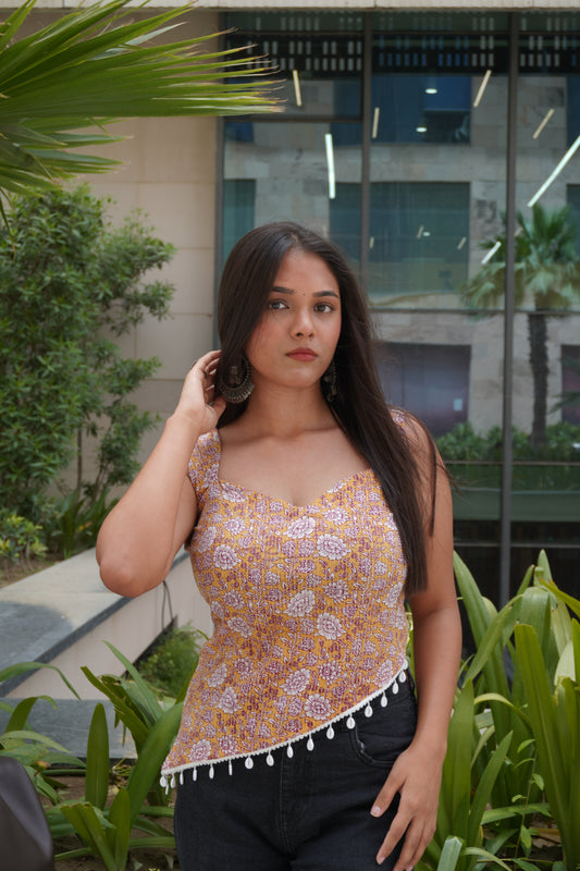 Yellow Floral Cotton Backless Top for Women | Sleeveless Lace-Up Crop Top | Square Neck Summer Top