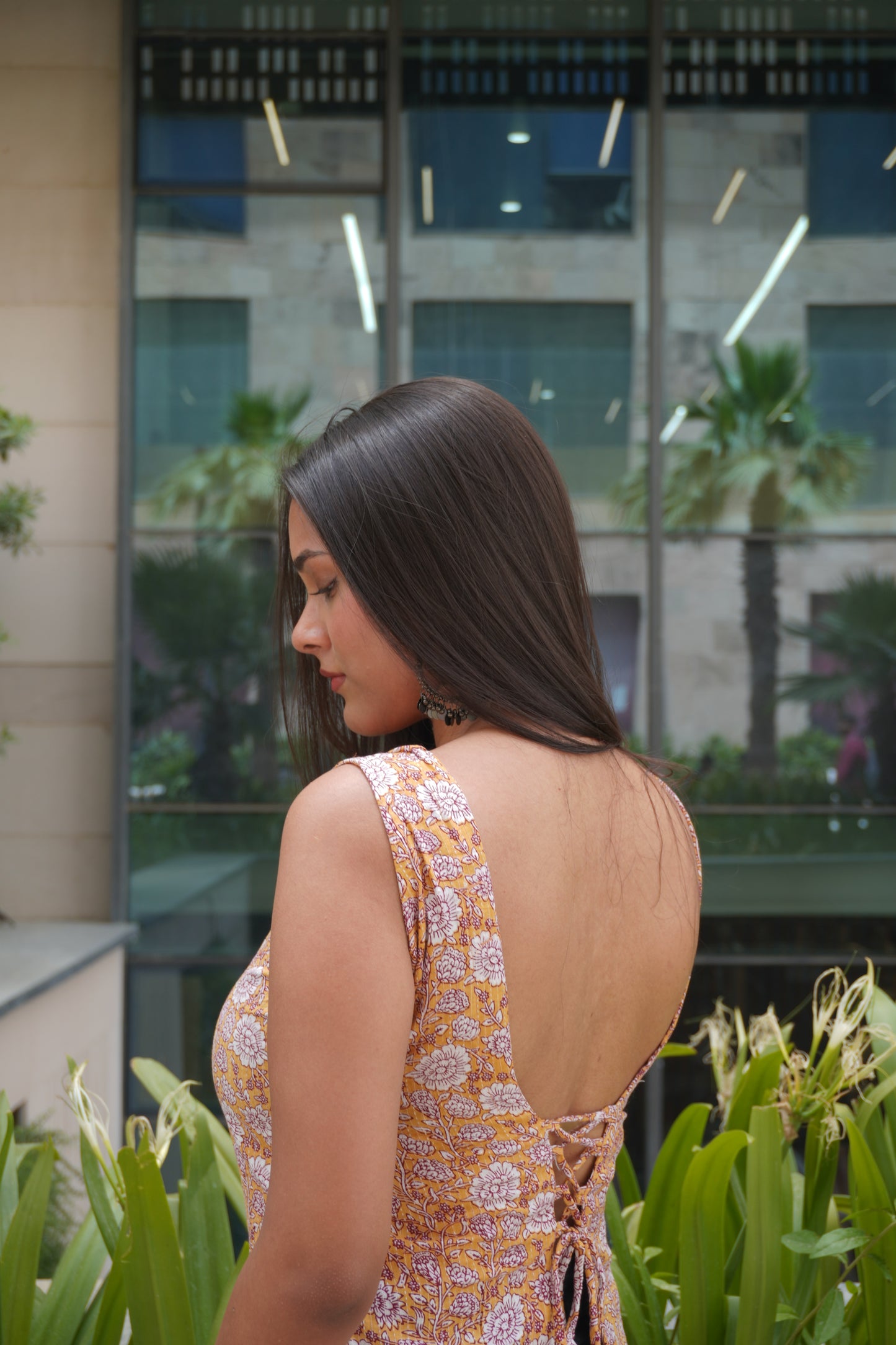 Yellow Floral Cotton Backless Top for Women | Sleeveless Lace-Up Crop Top | Square Neck Summer Top