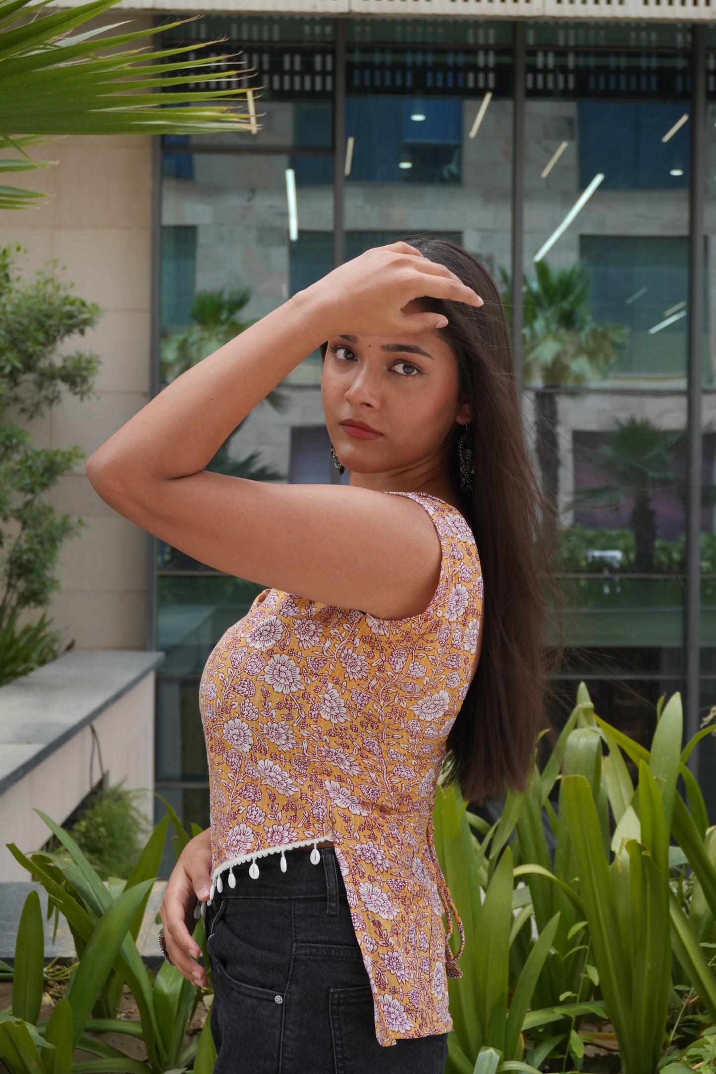 Yellow Floral Cotton Backless Top for Women | Sleeveless Lace-Up Crop Top | Square Neck Summer Top