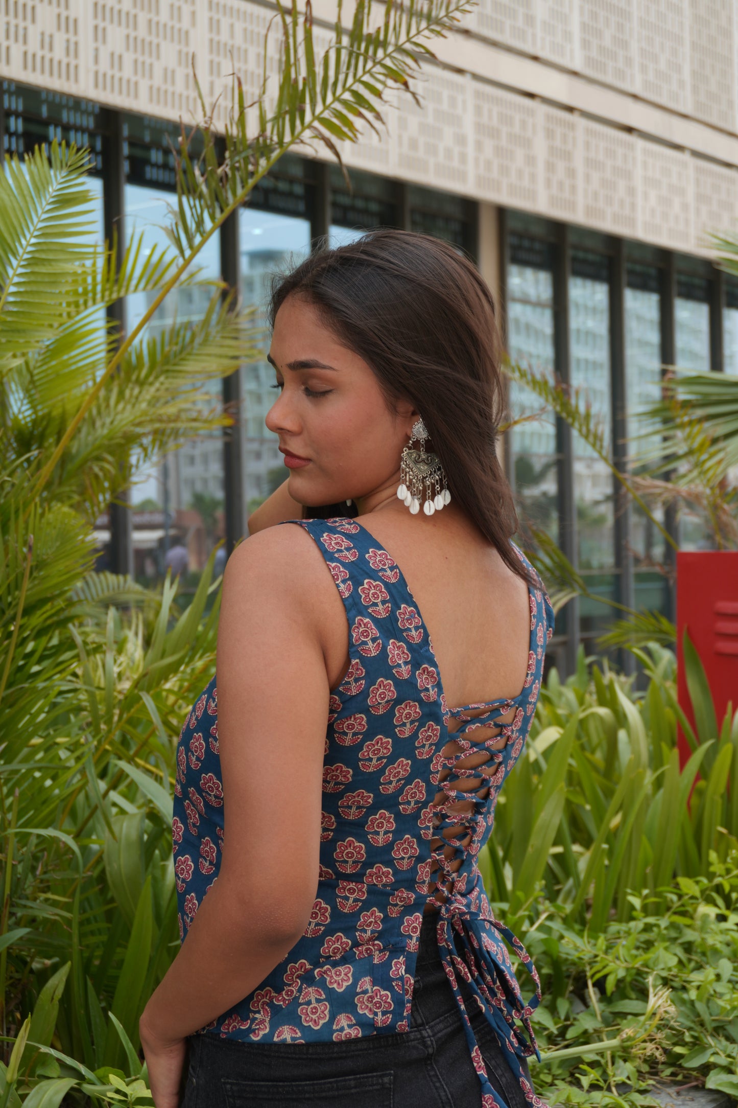 Blue Floral Cotton Backless Top for Women | Sleeveless Lace-Up Crop Top | Square Neck Summer Top