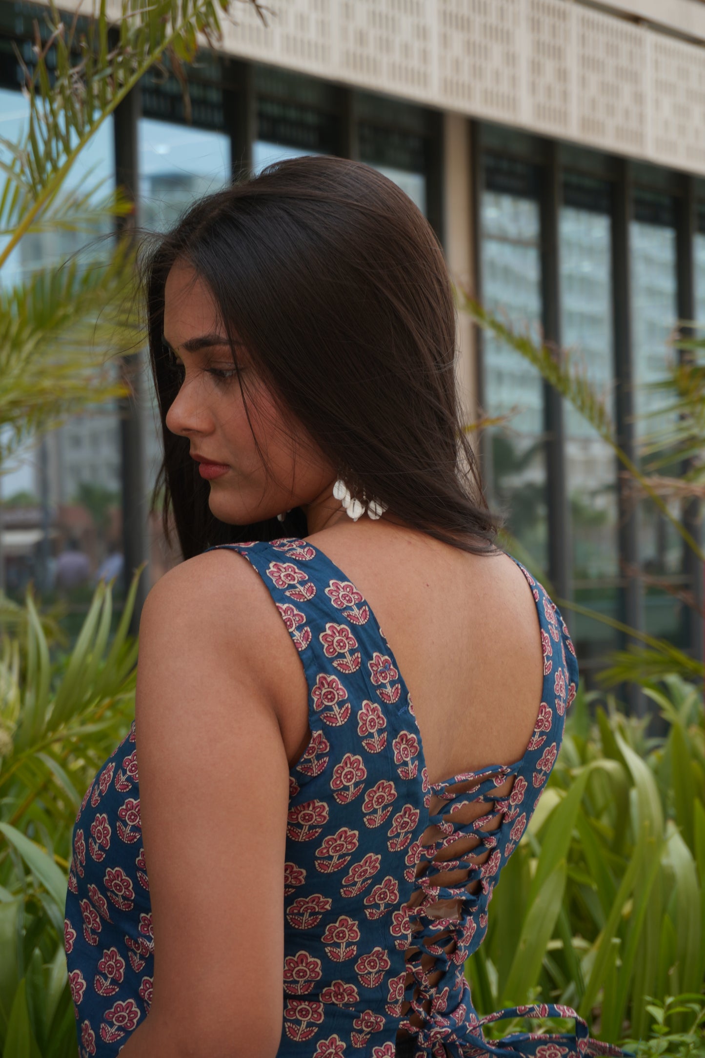 Blue Floral Cotton Backless Top for Women | Sleeveless Lace-Up Crop Top | Square Neck Summer Top