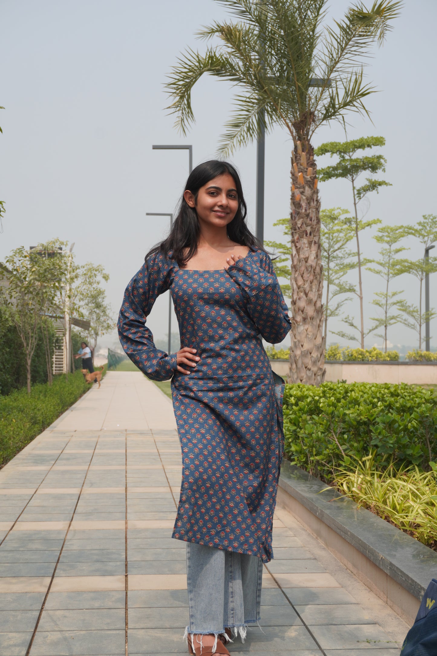 Navy Blue Printed Cotton Kurti with Corset Back Tie-Up | Square Neck Long Sleeve Kurti for Women