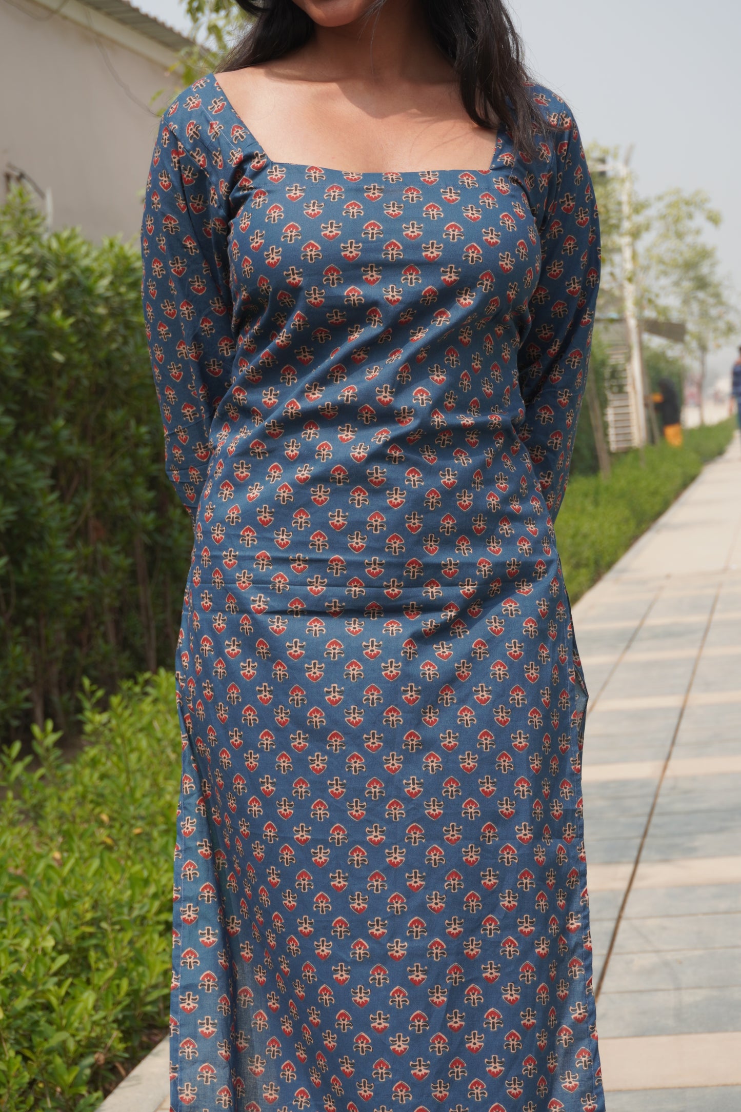 Navy Blue Printed Cotton Kurti with Corset Back Tie-Up | Square Neck Long Sleeve Kurti for Women