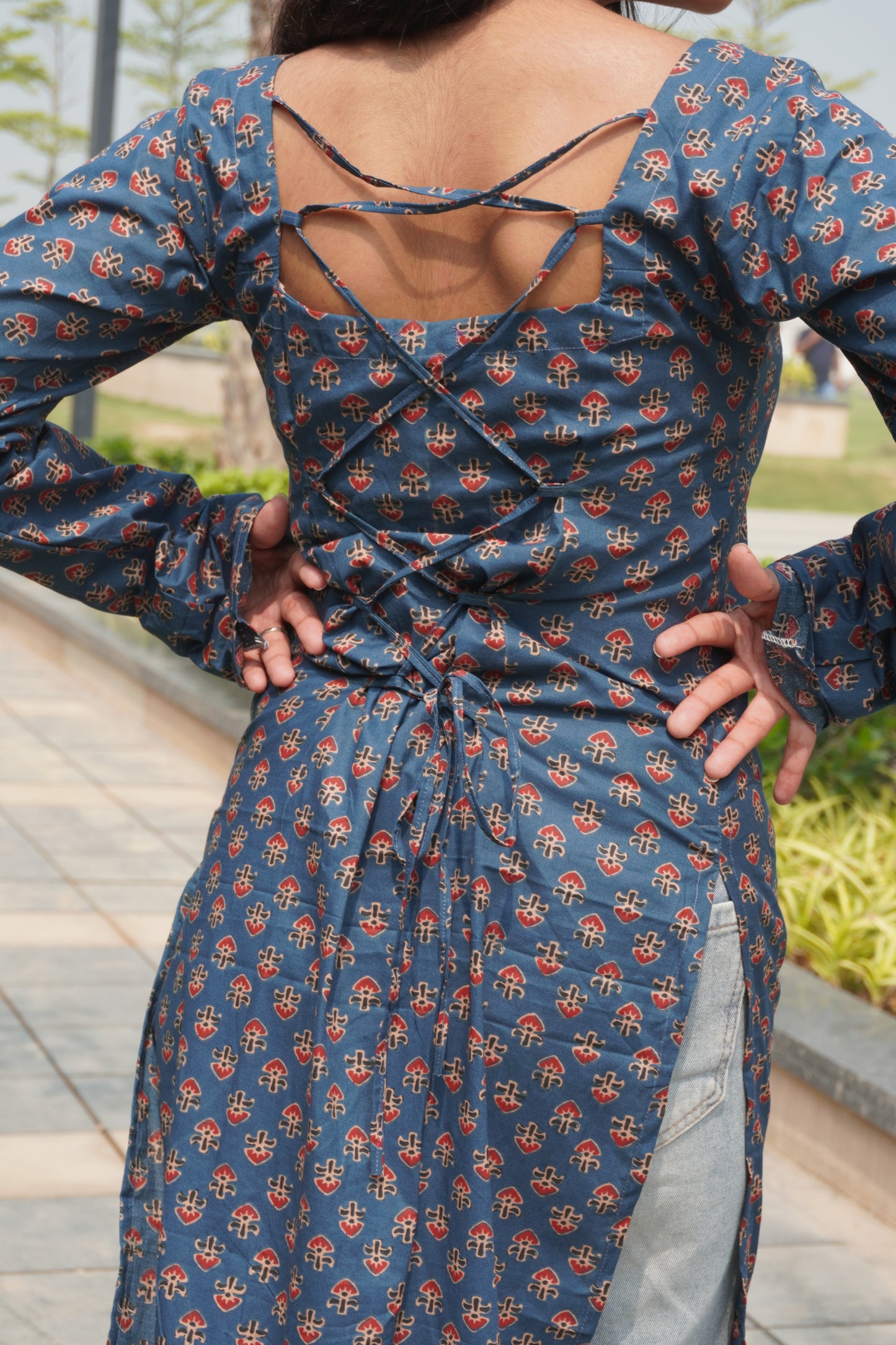 Navy Blue Printed Cotton Kurti with Corset Back Tie-Up | Square Neck Long Sleeve Kurti for Women