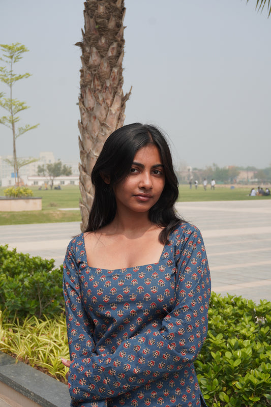Navy Blue Printed Cotton Kurti with Corset Back Tie-Up | Square Neck Long Sleeve Kurti for Women