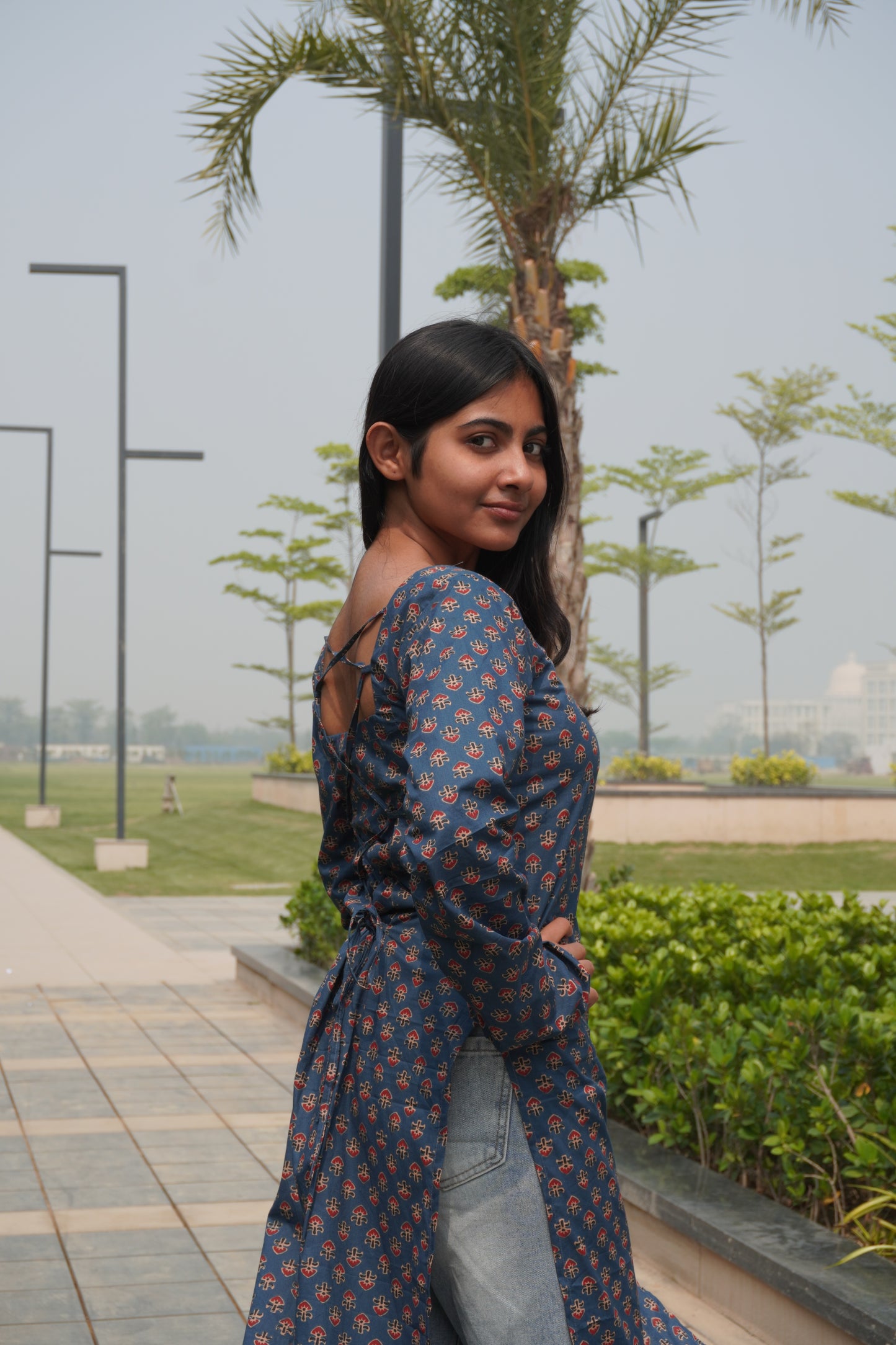 Navy Blue Printed Cotton Kurti with Corset Back Tie-Up | Square Neck Long Sleeve Kurti for Women