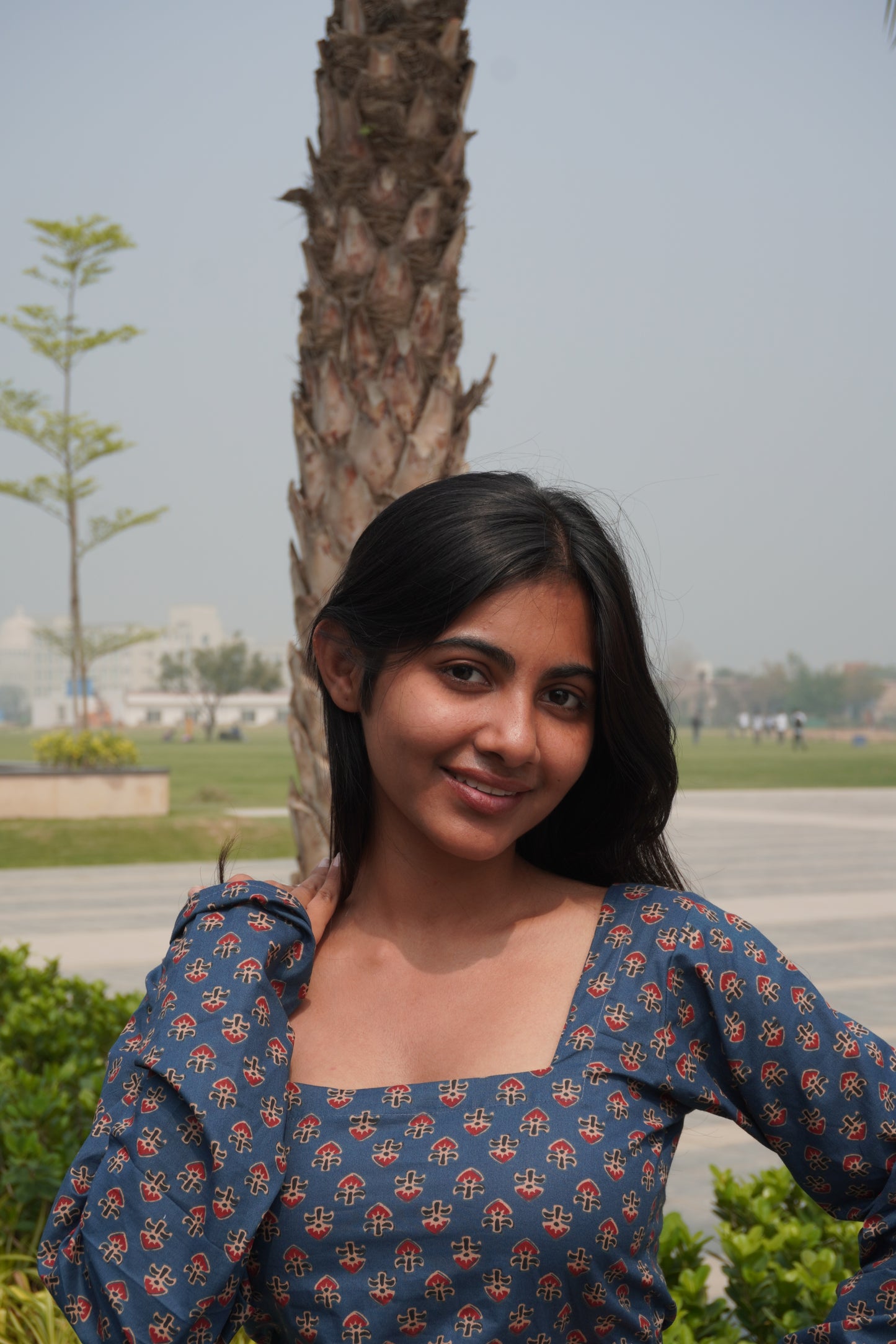 Navy Blue Printed Cotton Kurti with Corset Back Tie-Up | Square Neck Long Sleeve Kurti for Women