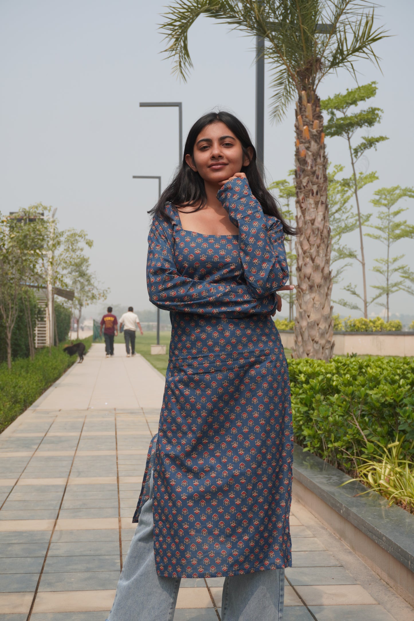 Navy Blue Printed Cotton Kurti with Corset Back Tie-Up | Square Neck Long Sleeve Kurti for Women