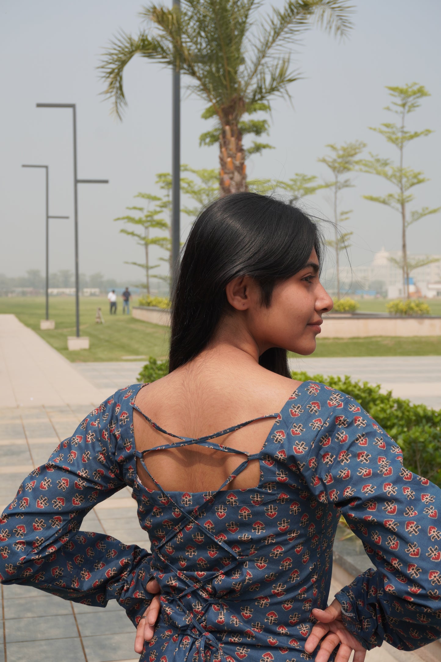 Navy Blue Printed Cotton Kurti with Corset Back Tie-Up | Square Neck Long Sleeve Kurti for Women