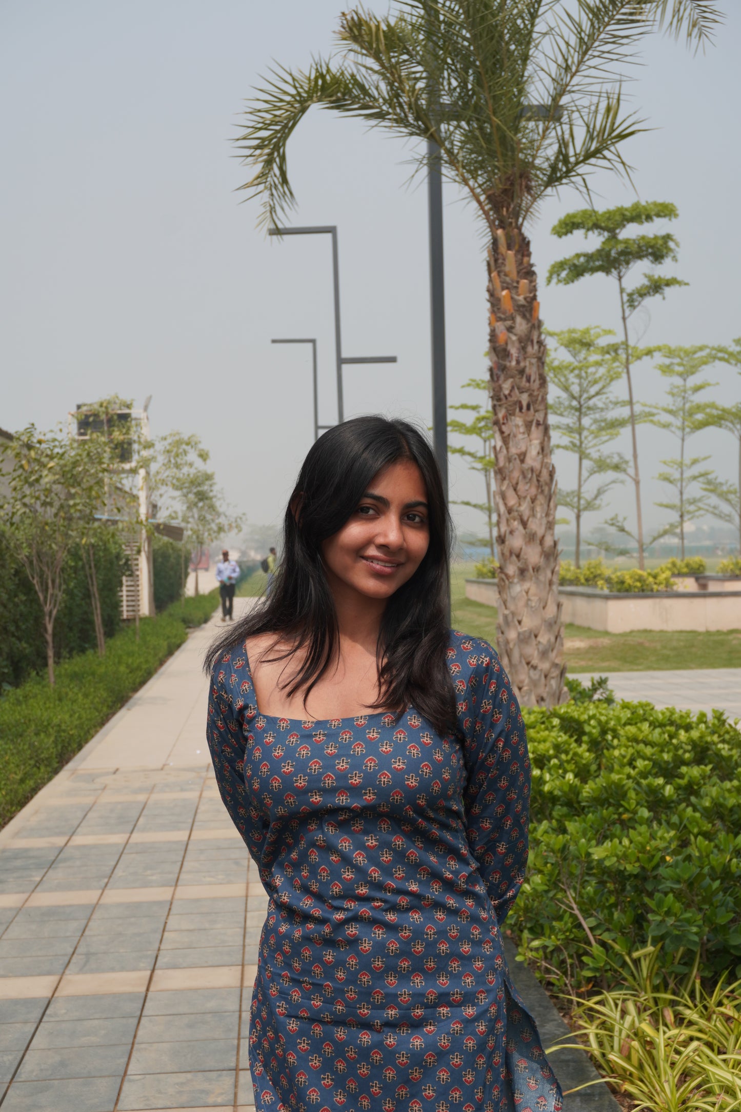 Navy Blue Printed Cotton Kurti with Corset Back Tie-Up | Square Neck Long Sleeve Kurti for Women