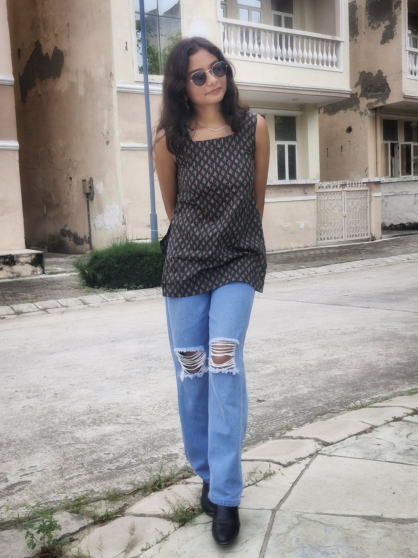 Indiraa - Trending Women’s Backless Short Cotton Kurti | Olive Green Sleeveless Kurti Top for College & Office Wear