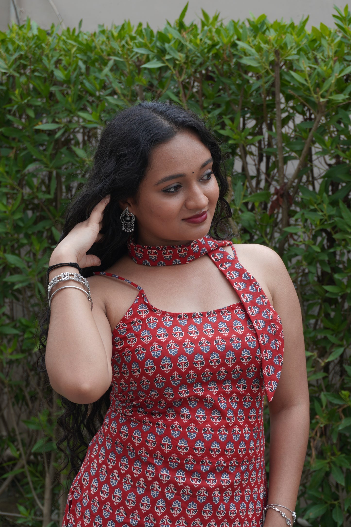 Red Pure Cotton Sleeveless Kurti with Scarf & Corset Back