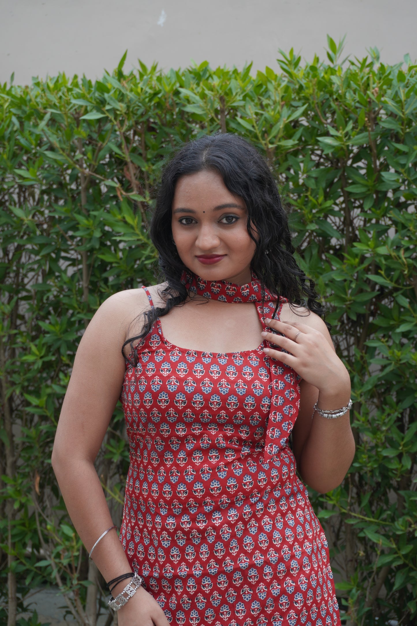 Red Pure Cotton Sleeveless Kurti with Scarf & Corset Back