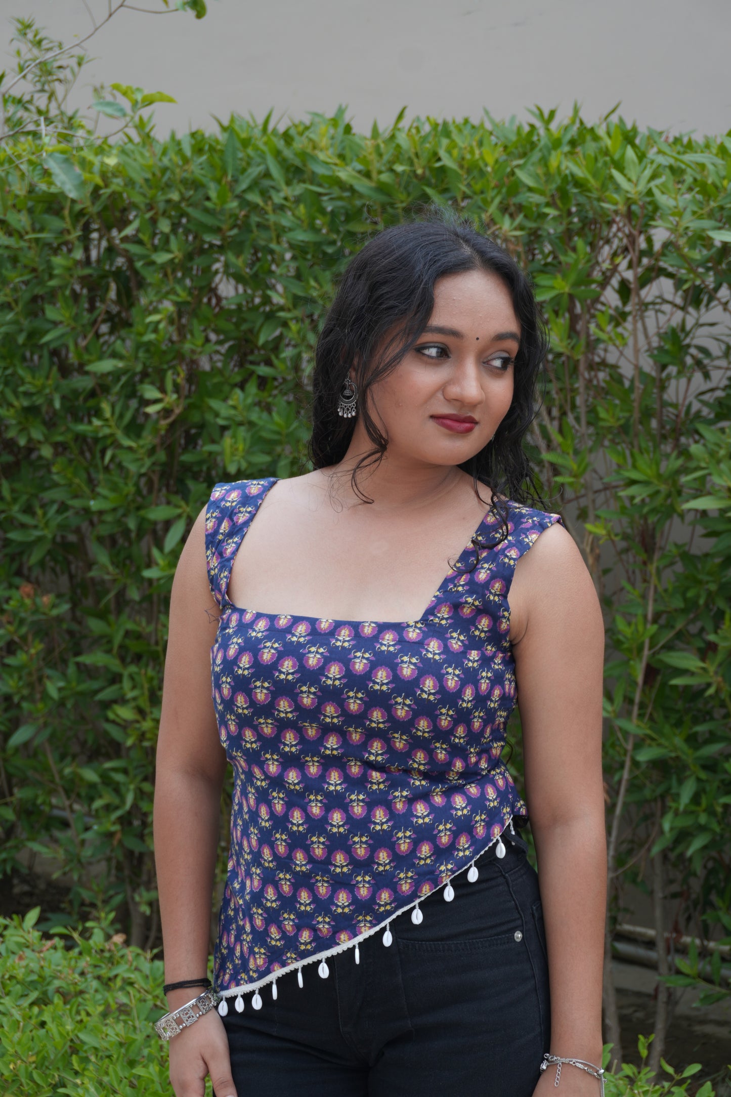 Navy Blue Pure Cotton Printed Backless Top with Corset Tie-Up Back & Shell Lace Hem
